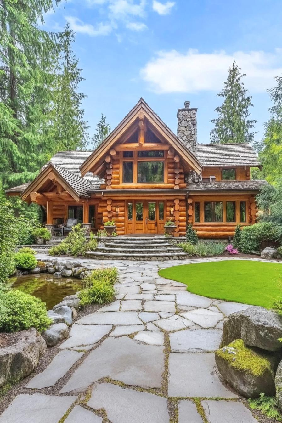 A picturesque log cabin nestled in a lush forest setting