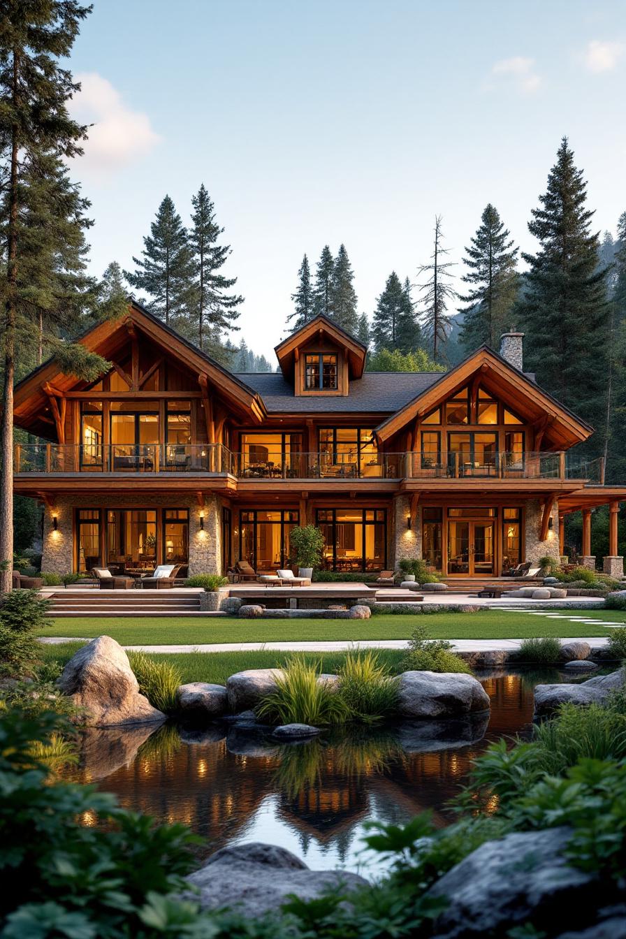 Luxury cabin surrounded by trees and a serene pond