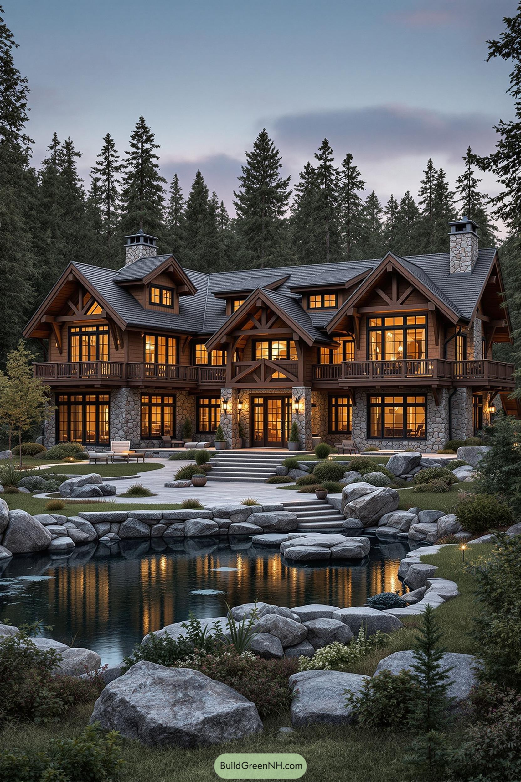 Luxurious lodge surrounded by trees and a serene pond