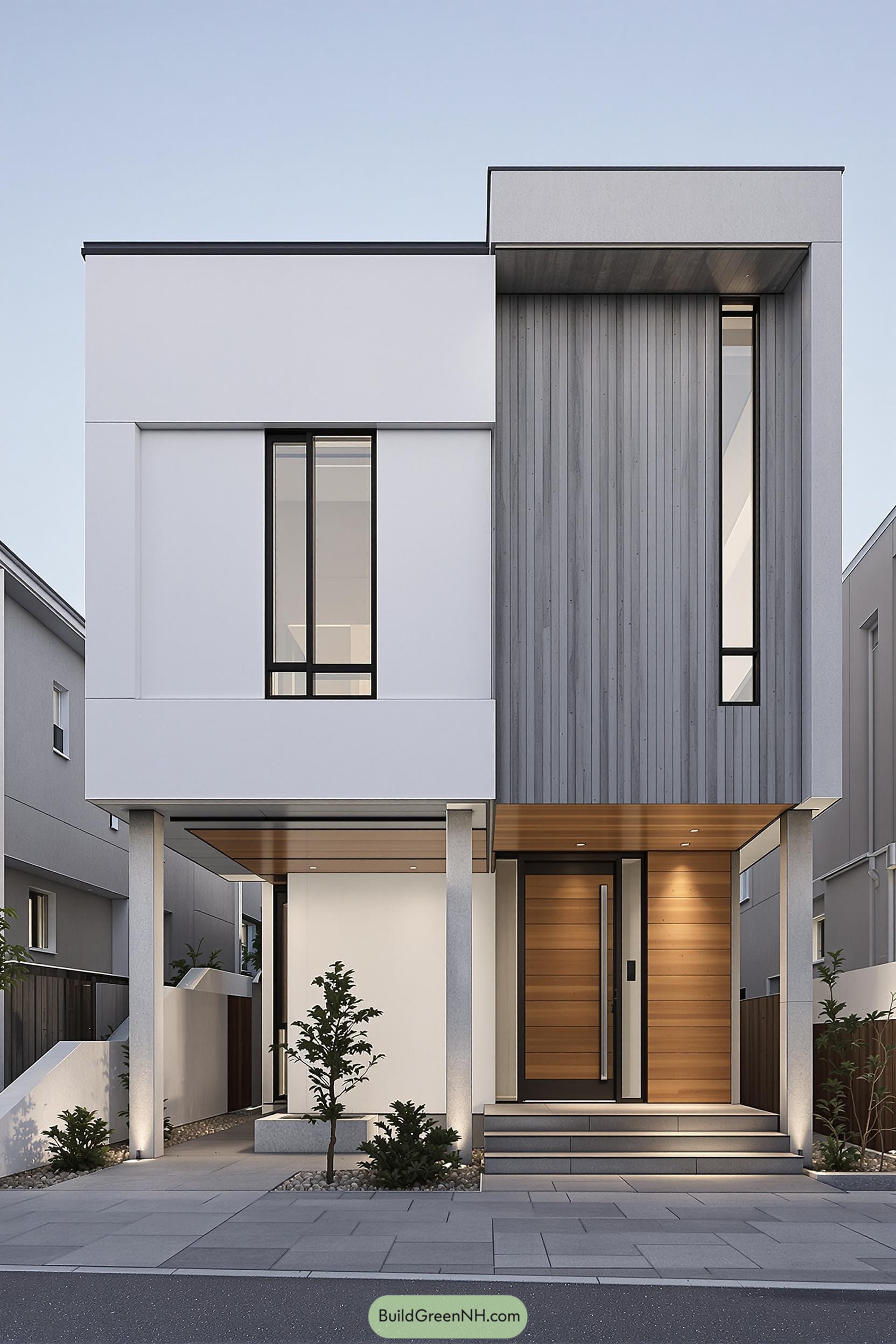 Modern minimalist house with geometric facade and large windows