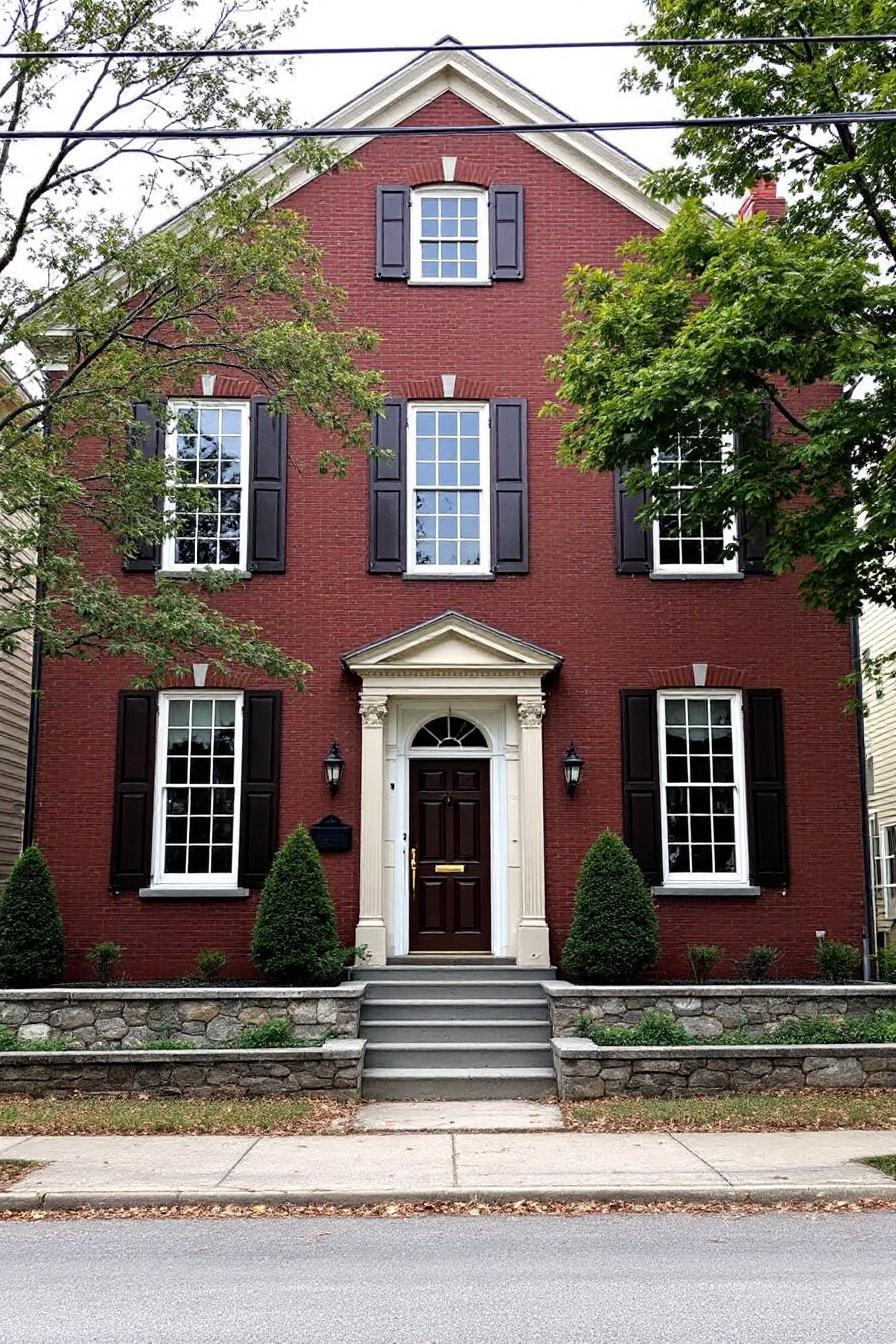 Two-story red brick house with dark shutters, white trim, and a central entrance