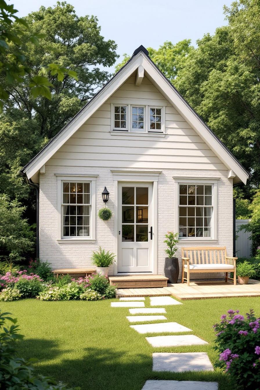 Small country house with a simple garden and wooden bench