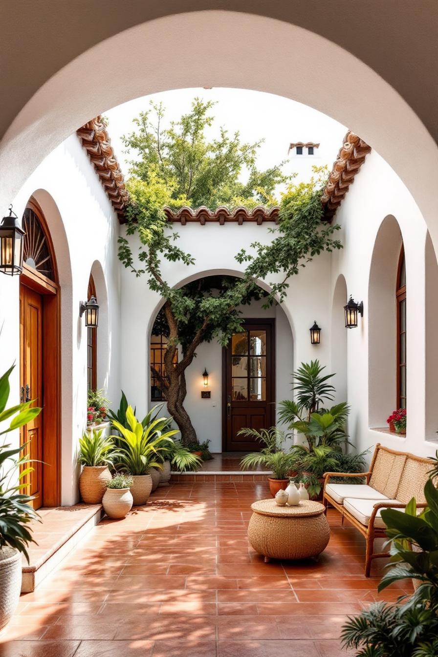 Lush plants and terracotta tiles in a Spanish courtyard