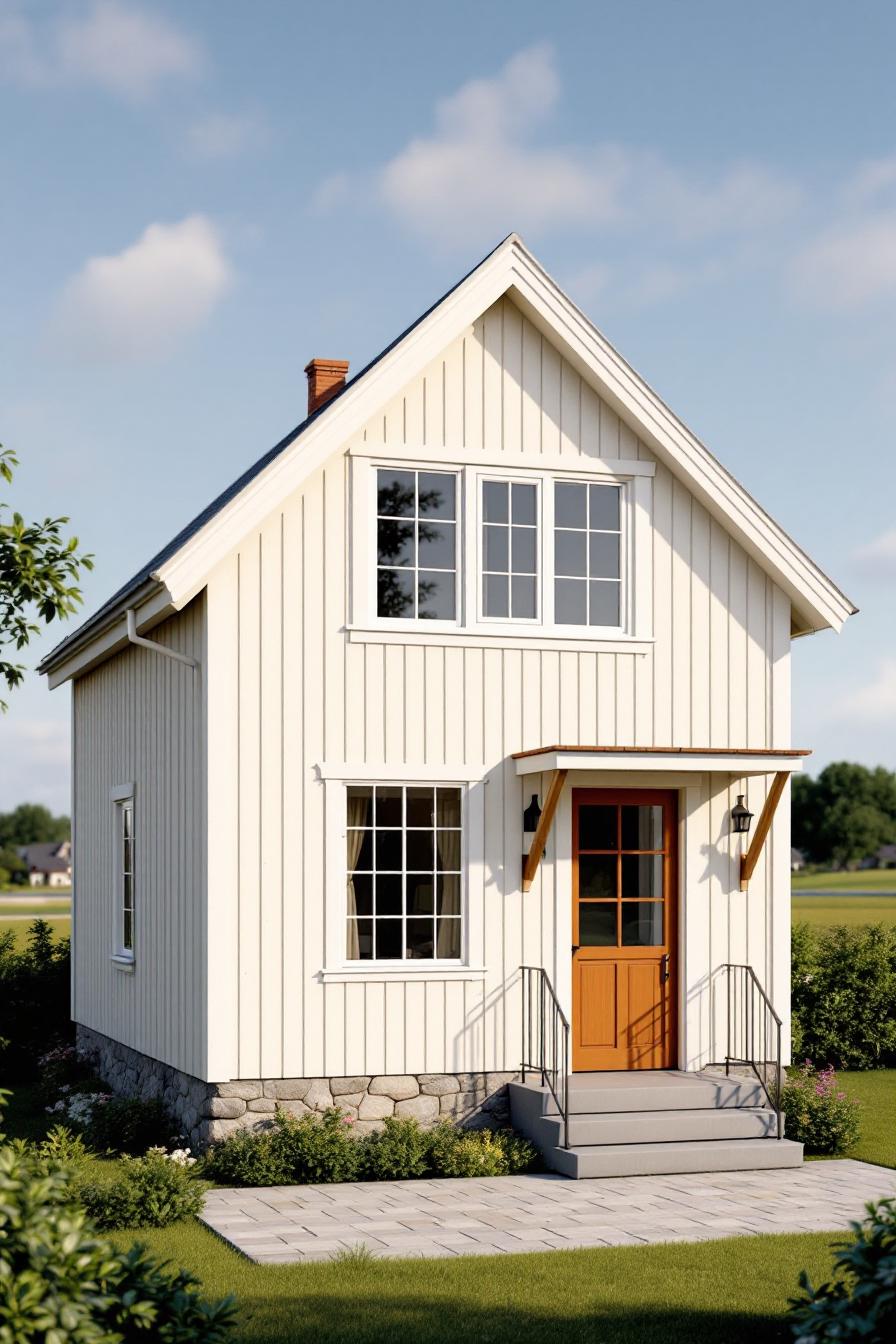 Charming white house with brown door and stone foundation