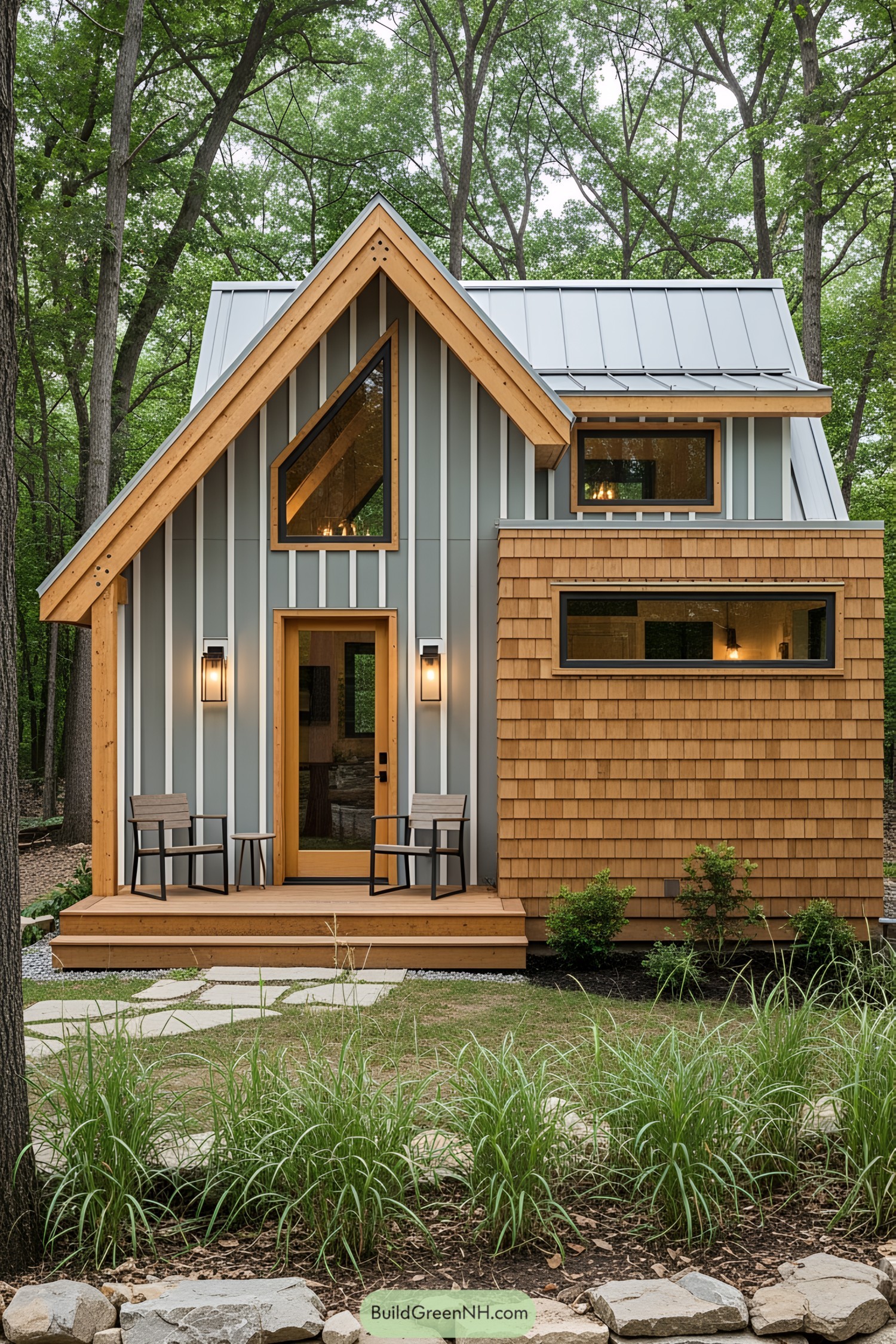 Small rustic house with a gabled roof in a forest setting