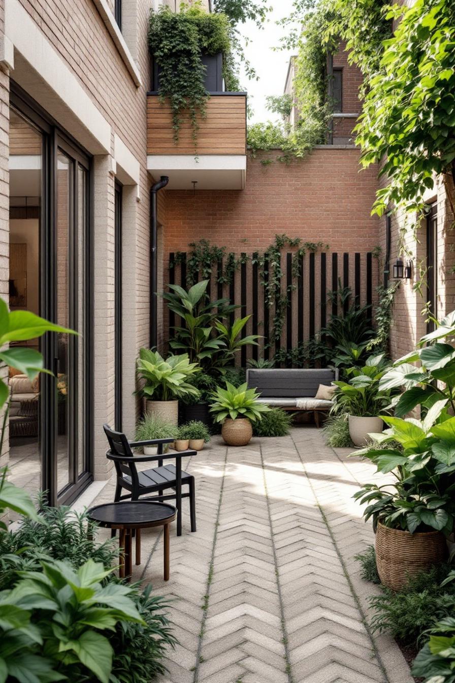 Small courtyard with lush plants and brick walls