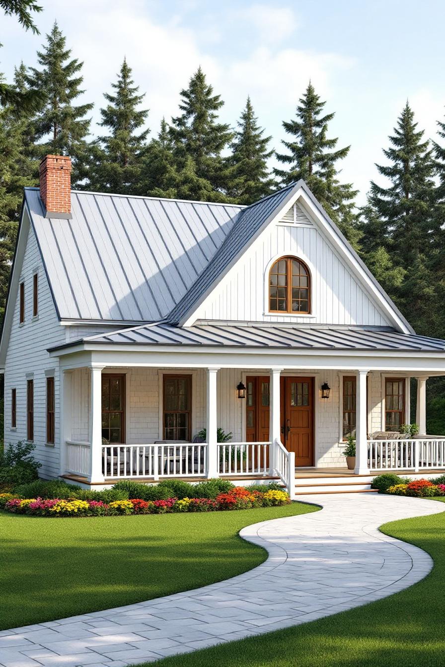 Quaint white country house with a large porch, nestled among trees