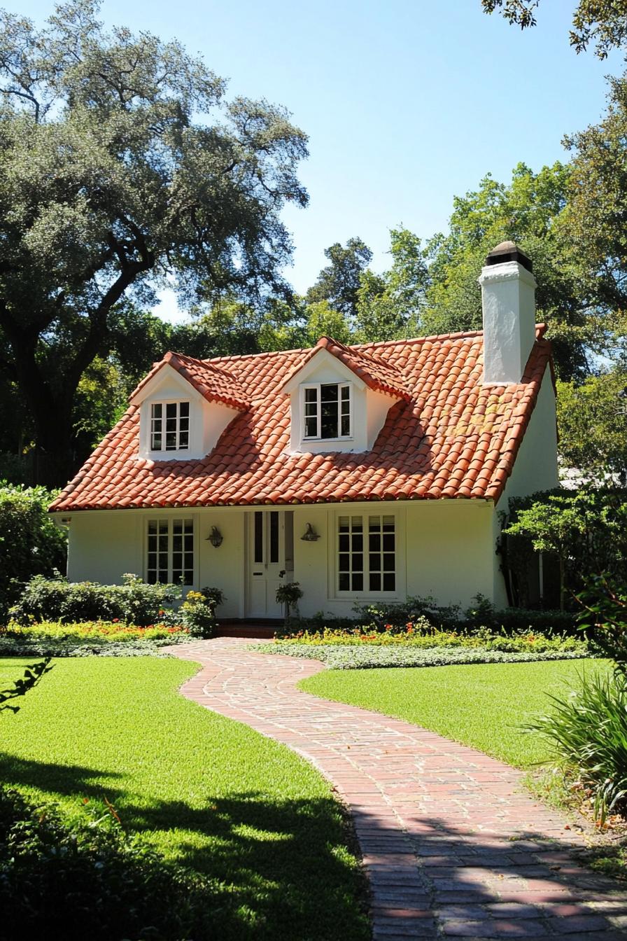Cozy dormer bungalow with red tiled roof and lush garden