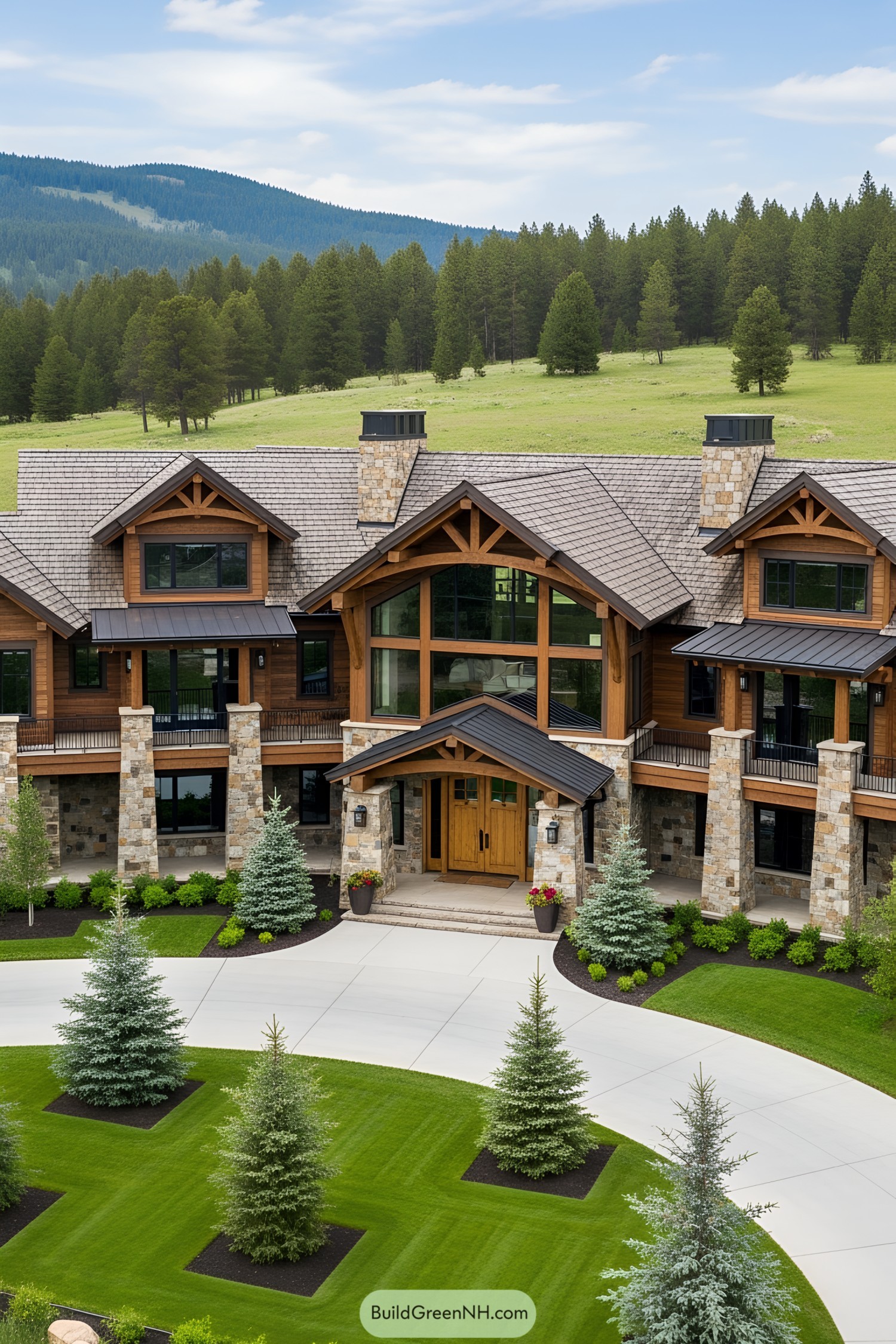 Sprawling wood and stone mansion in lush countryside