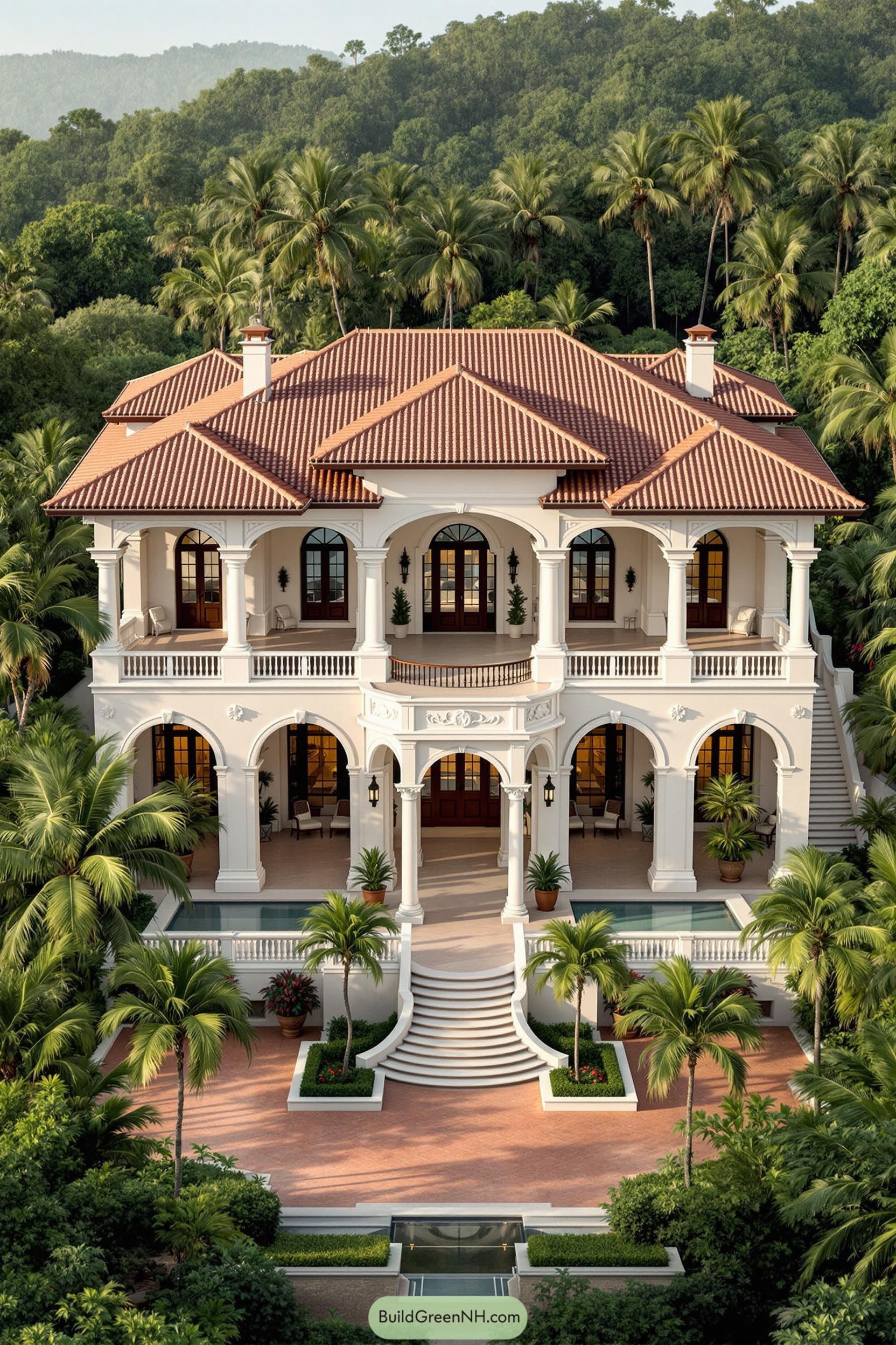 Elegant mansion with terracotta roof amidst lush greenery