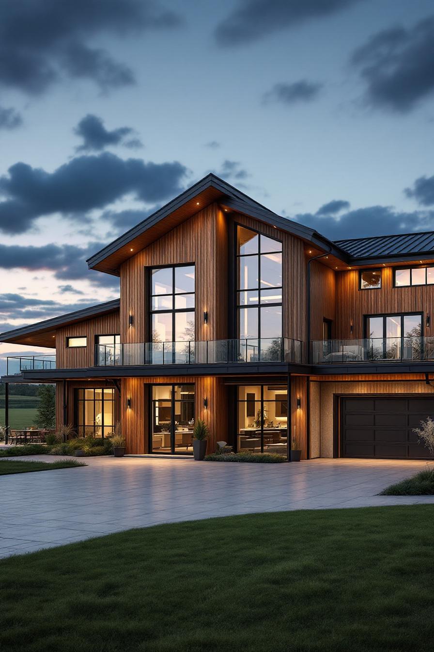 Modern barndominium with large windows and wooden exterior at dusk