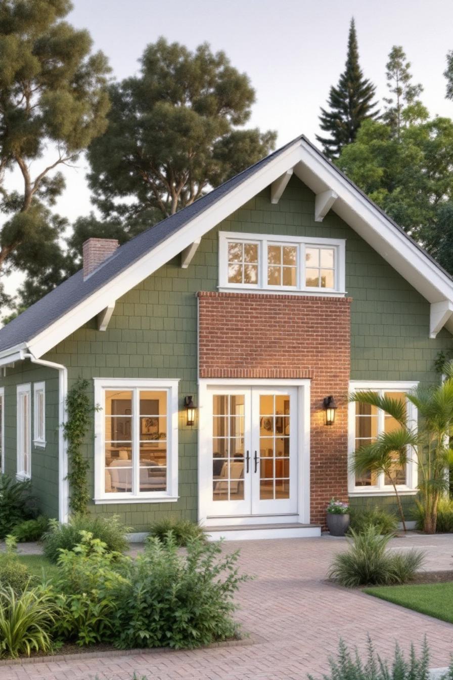 Charming Californian bungalow with green siding and brick accents