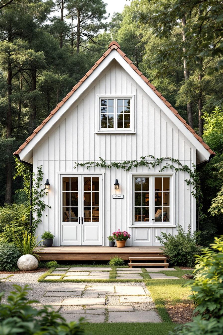 Charming white cottage with a gable roof, surrounded by lush greenery