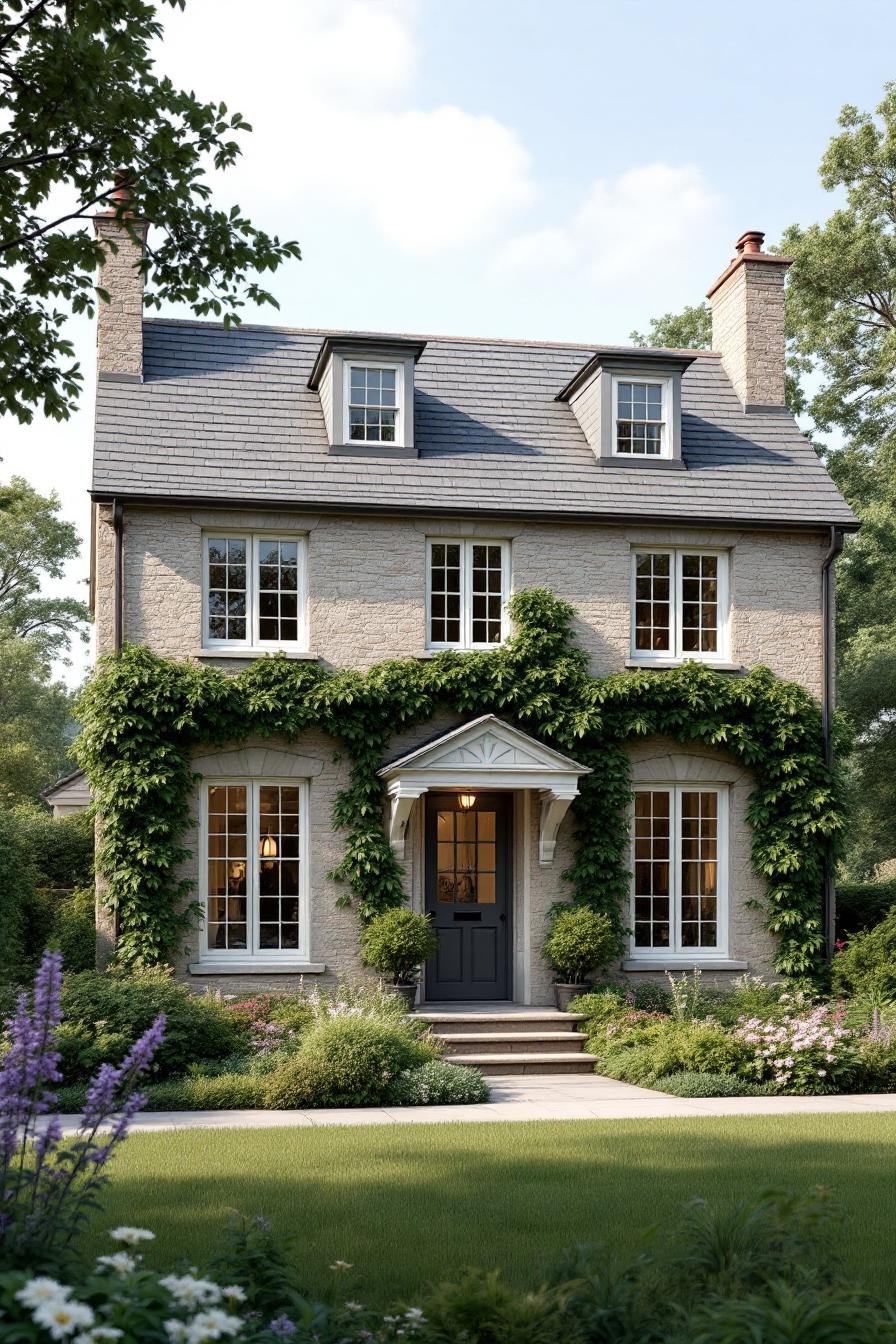Stone cottage with lush greenery and dormer windows