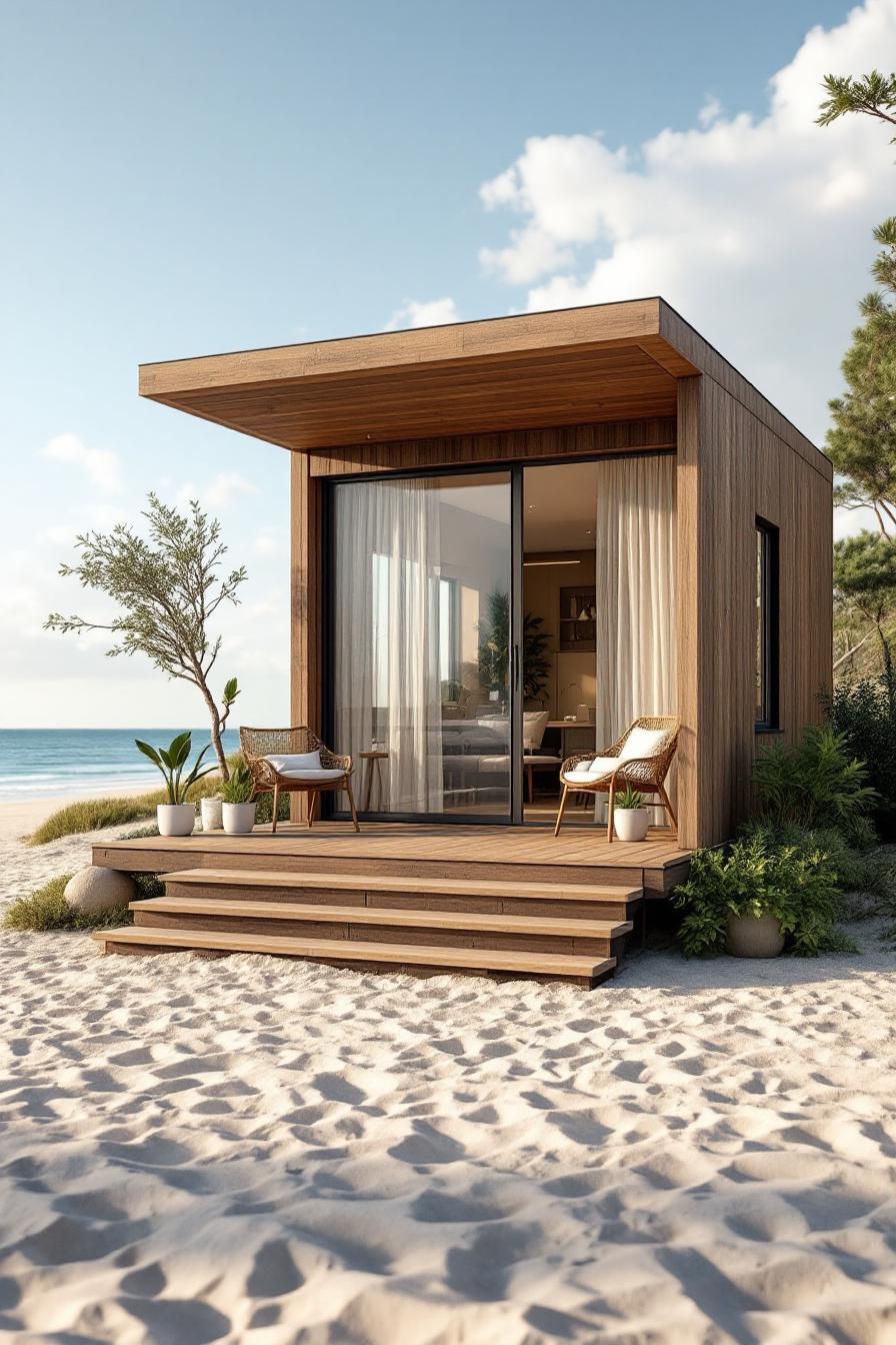 Compact wooden beach house with large glass doors