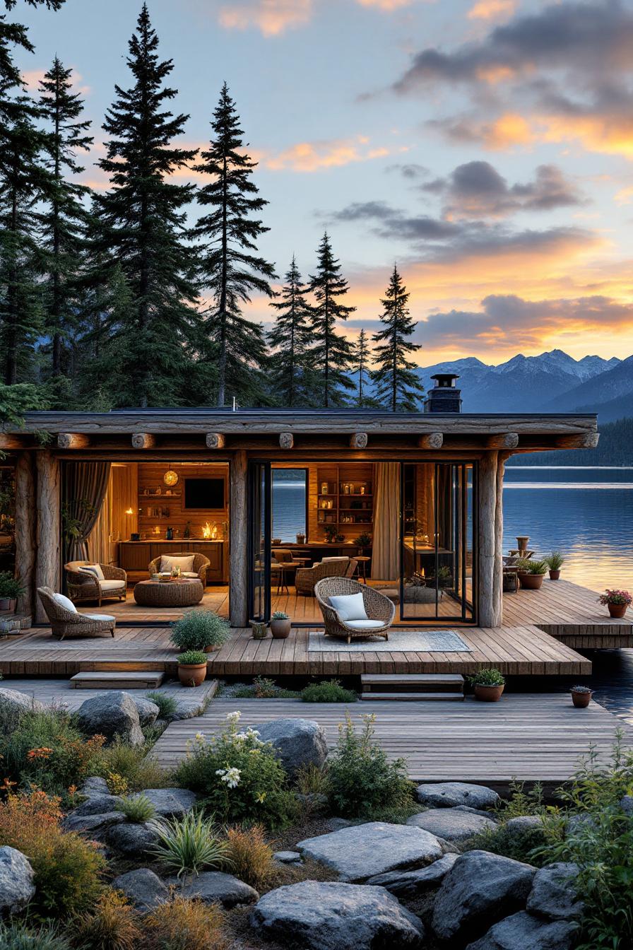 Charming wooden cabin with expansive waterside patio and sunset view