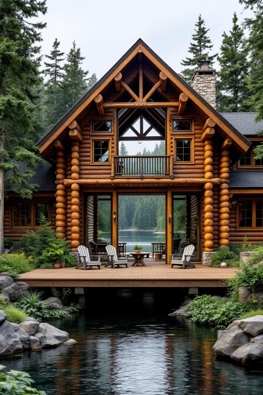 Log cabin with a waterfront deck overlooking a serene river