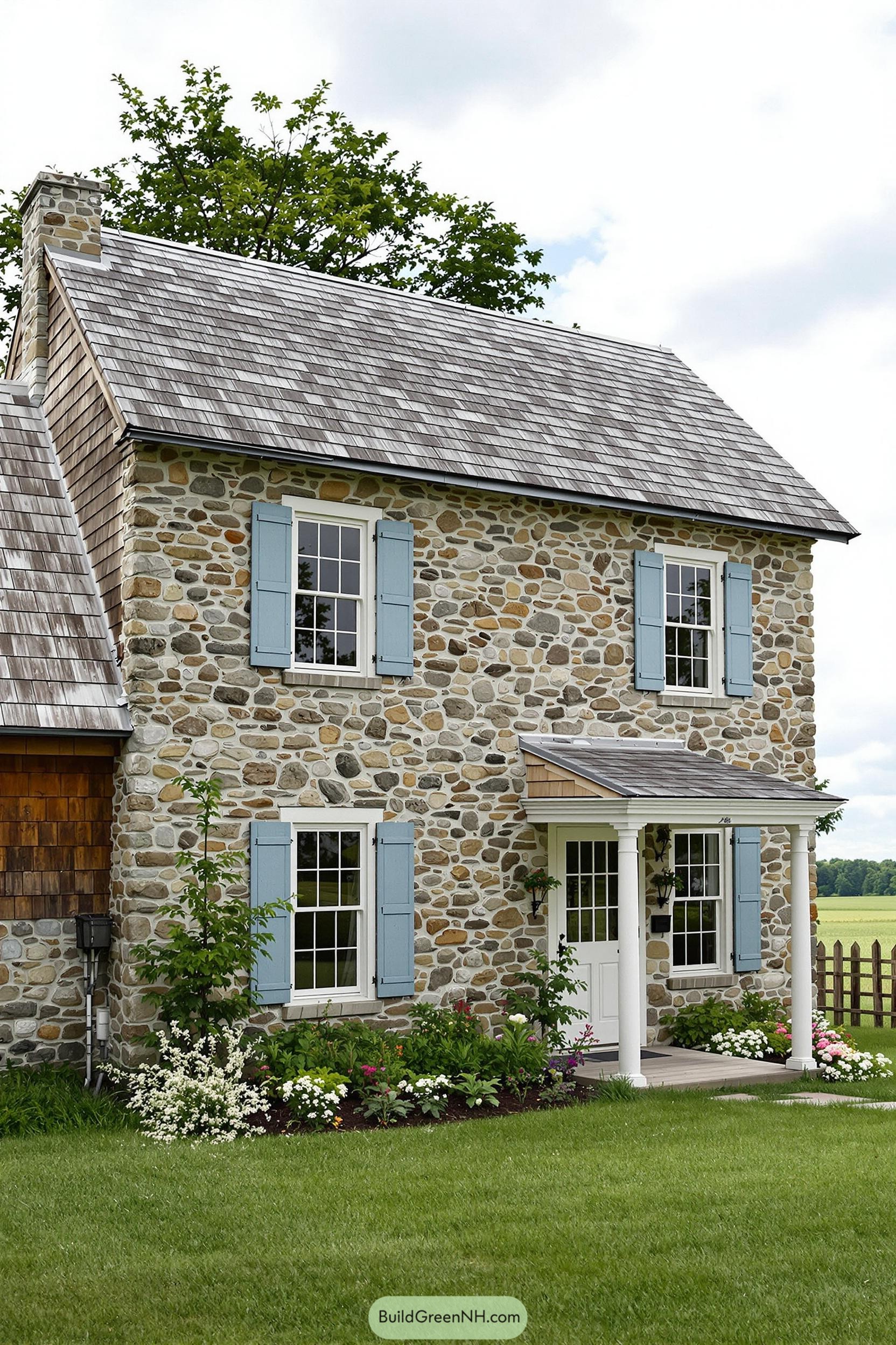 Stone farmhouse with blue shutters