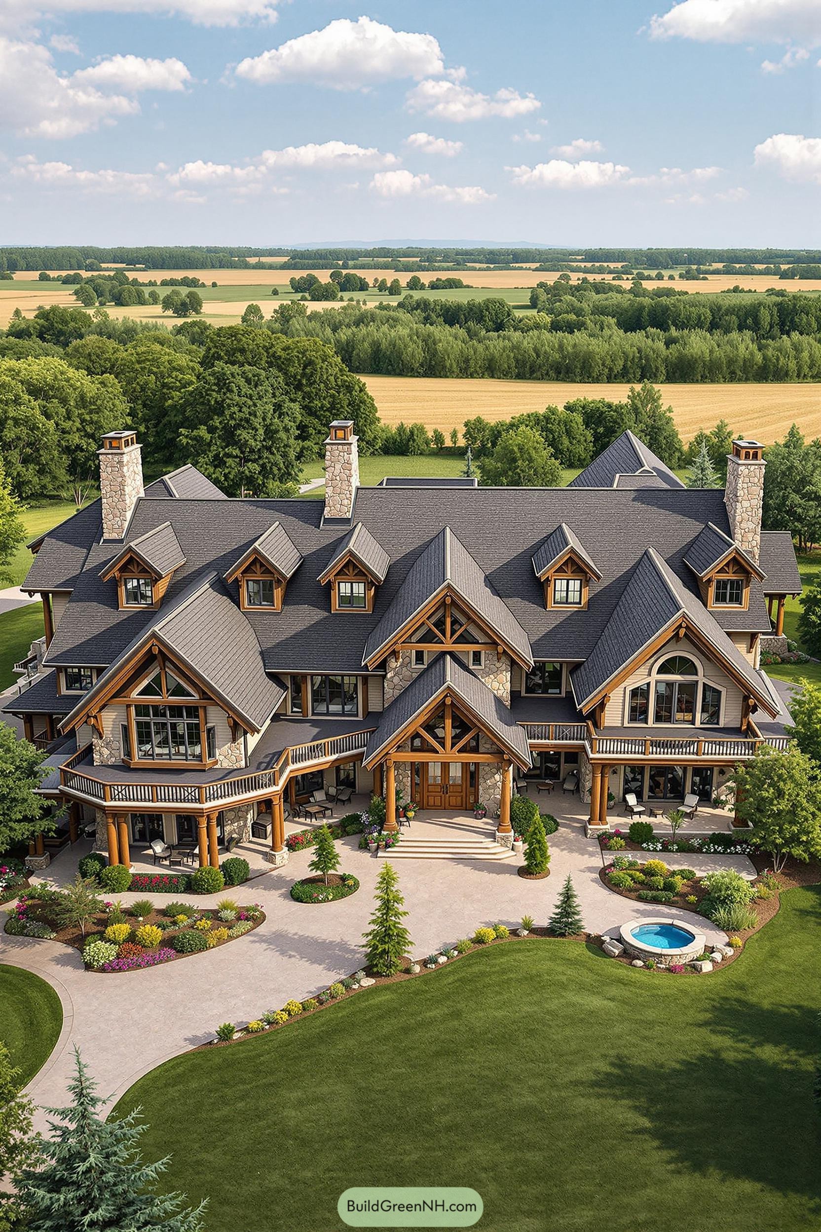 Expansive ranch house with detailed woodwork and manicured gardens