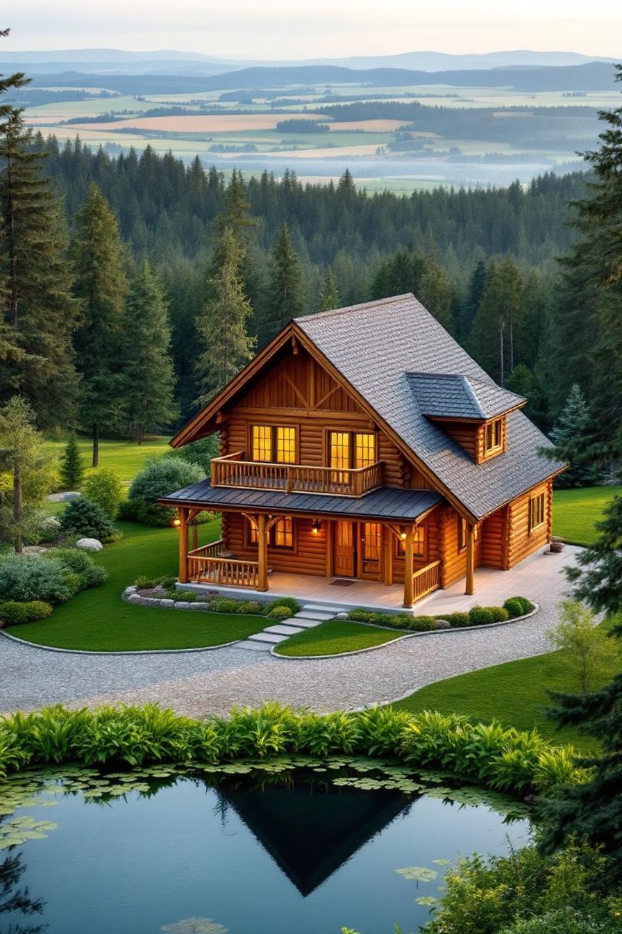 Charming log cabin surrounded by lush greenery and a serene pond