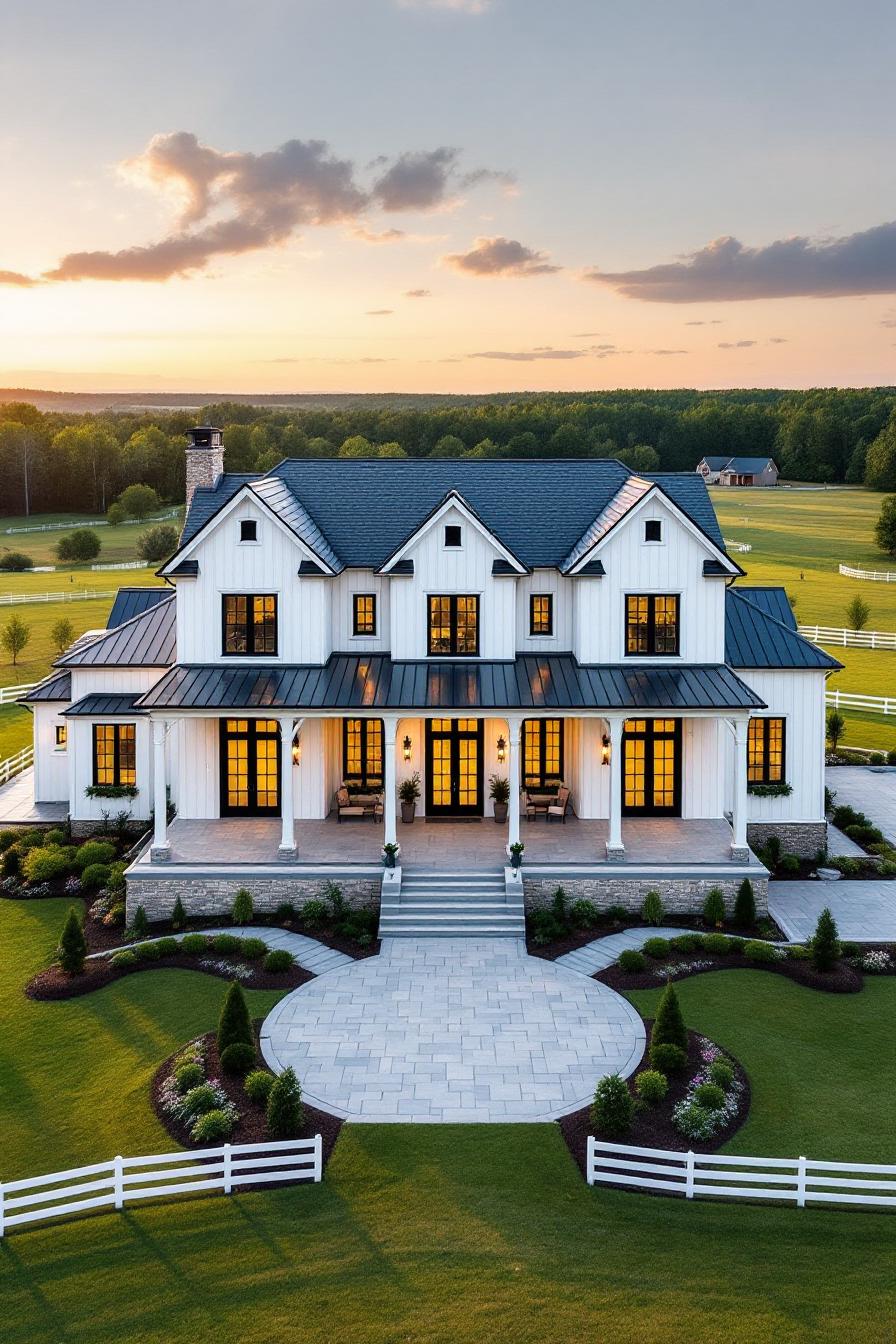 Large farmhouse with black roof and glowing windows