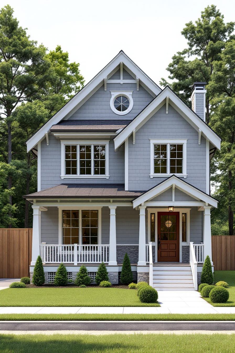 Grey cottage with charming porch and greenery