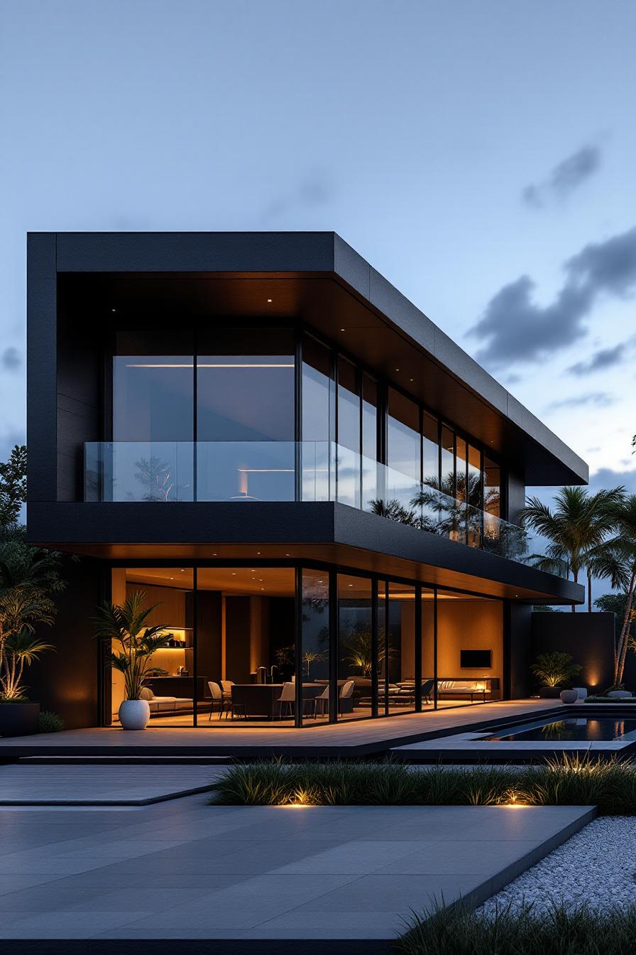 A modern black house with large glass windows and a pool