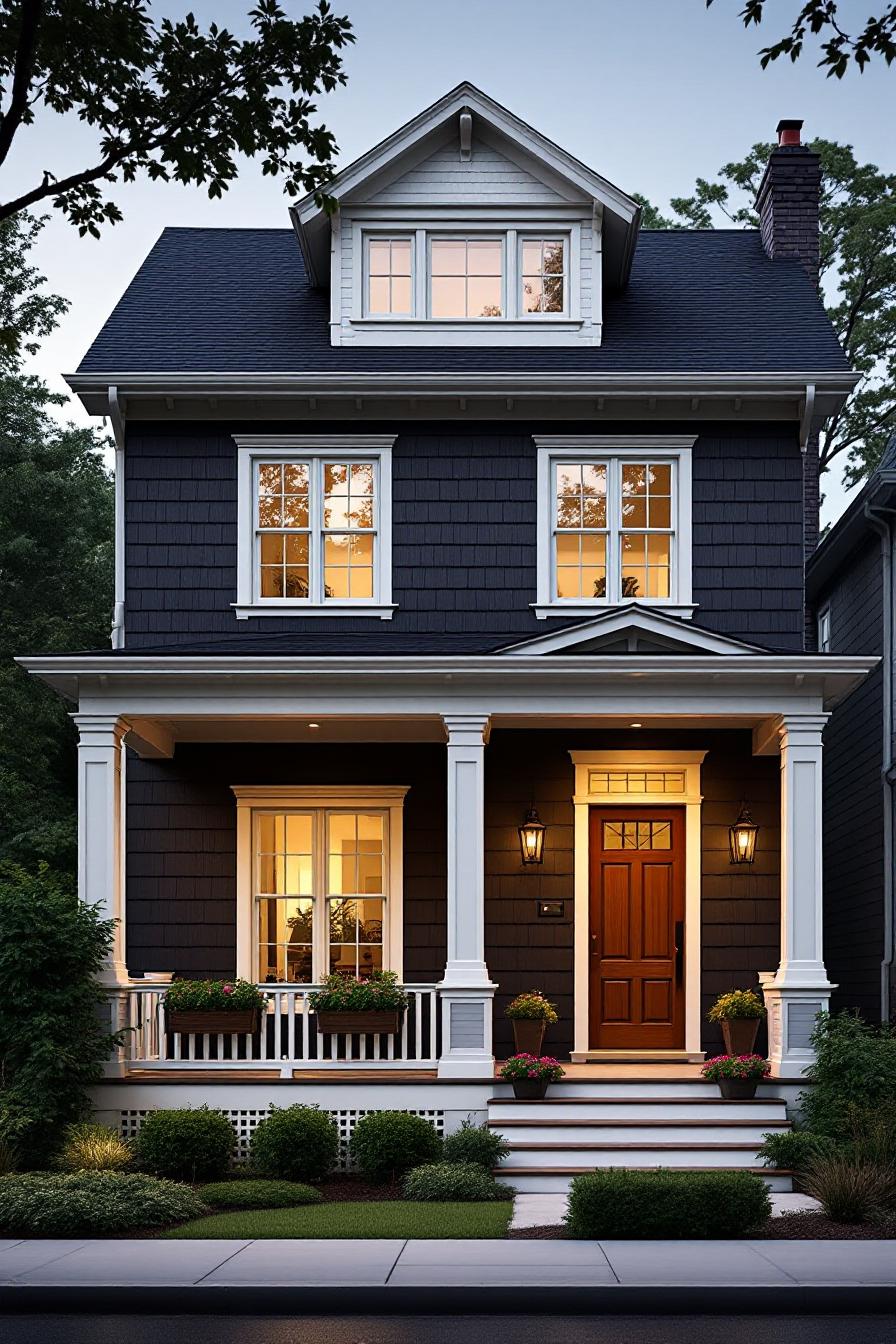 Elegant Craftsman house with a dark facade and glowing windows