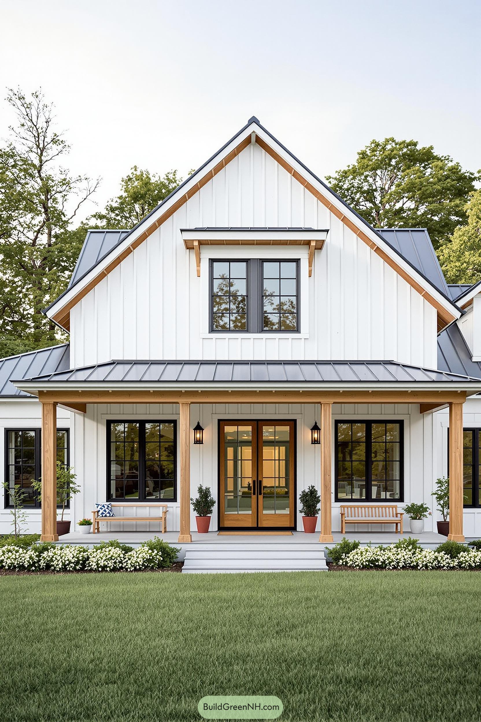 A picturesque farmhouse with wooden accents