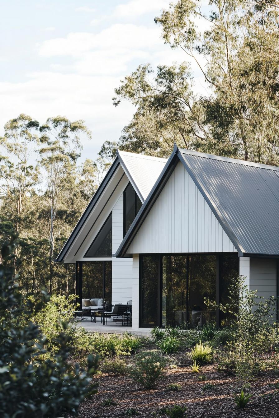 A modern A-frame country house nestled in a wooded area