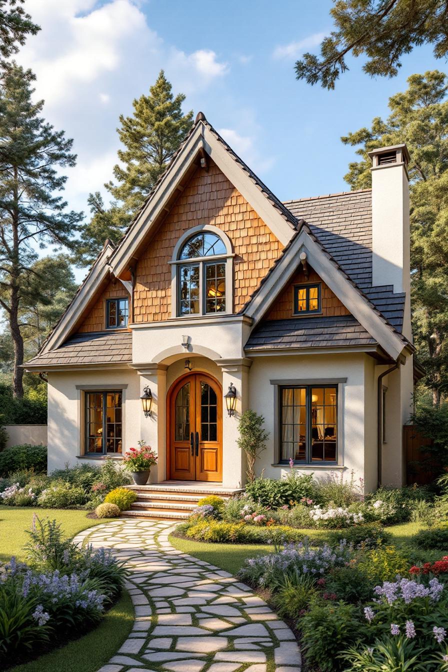 Charming cottage with gabled roof, arched wooden door, and lush front garden