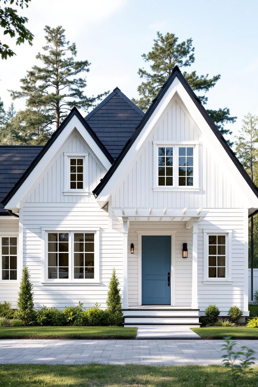 White cottage with blue door and pointy roof