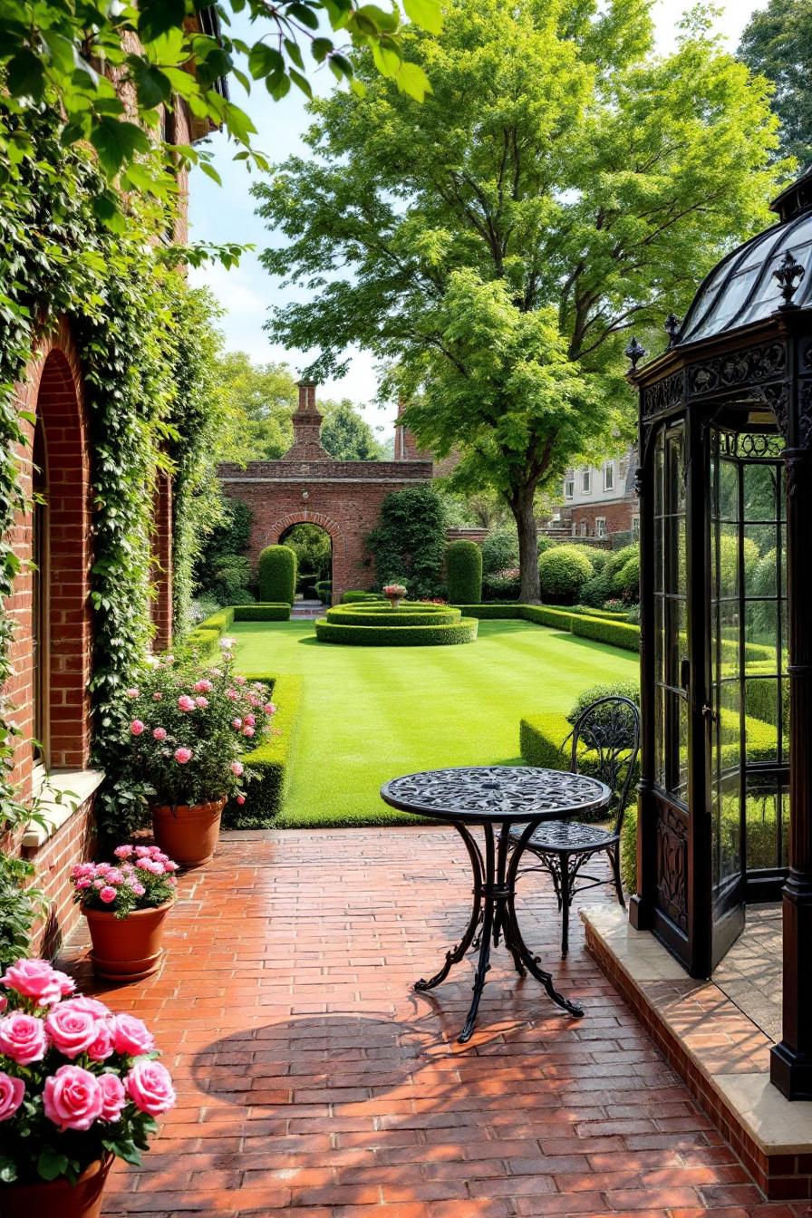 Lush courtyard with vibrant greenery and a brick patio