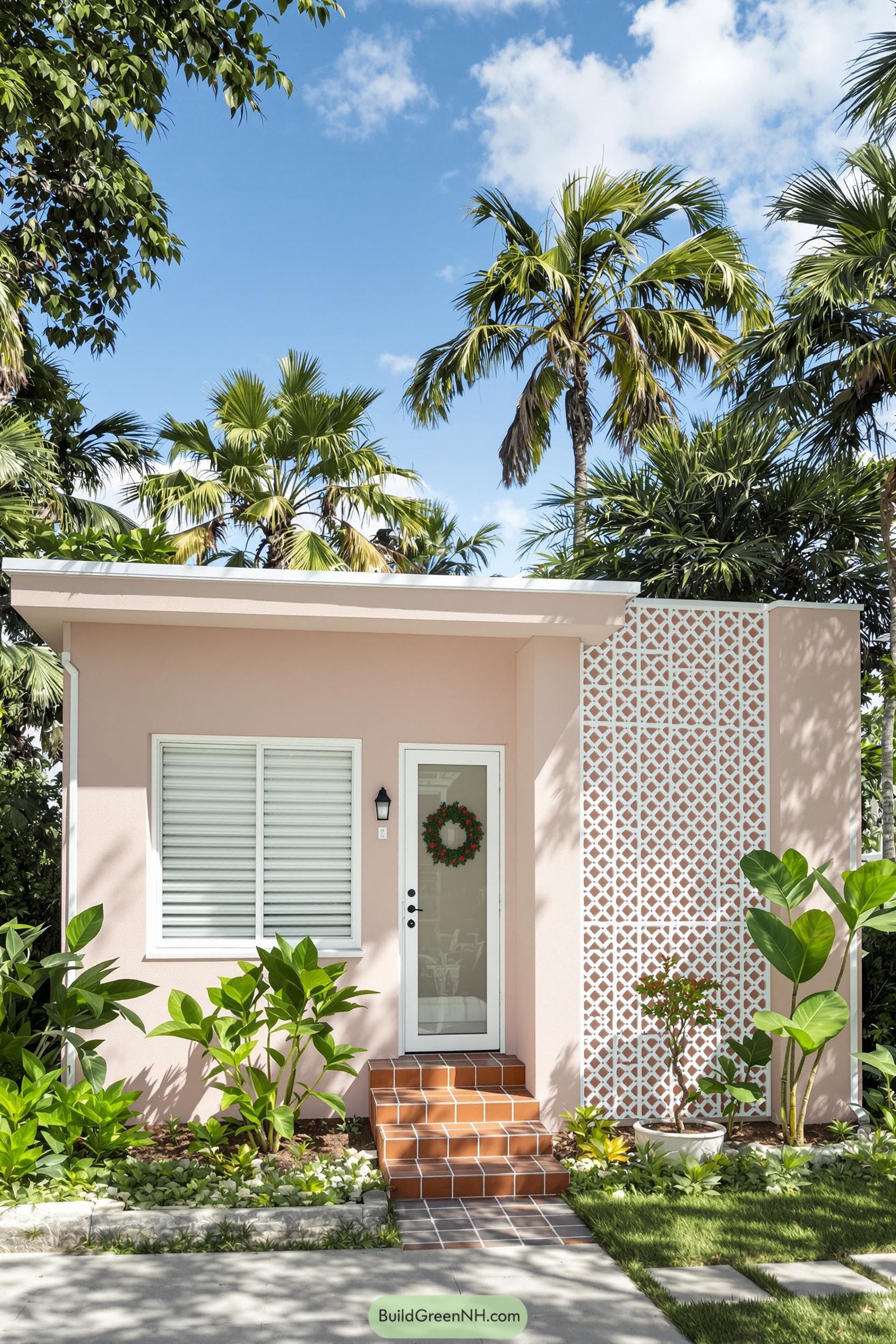 Charming pink bungalow with lush tropical plants