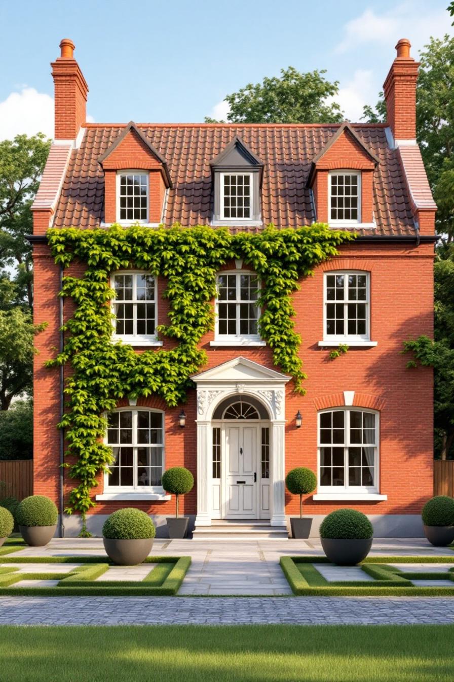 A redbrick cottage adorned with ivy and dormer windows