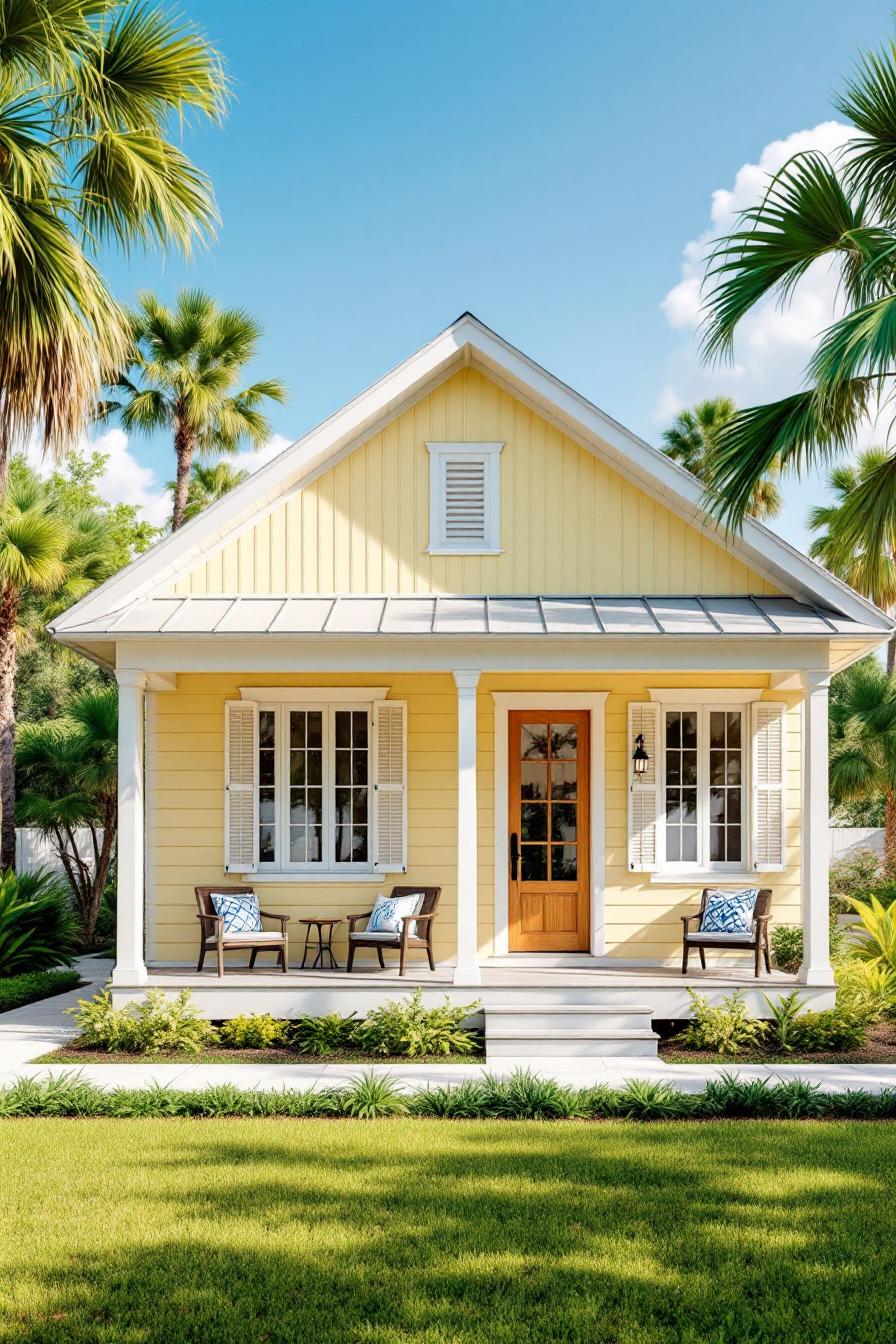 Yellow Key West cottage with palm trees and a cozy porch