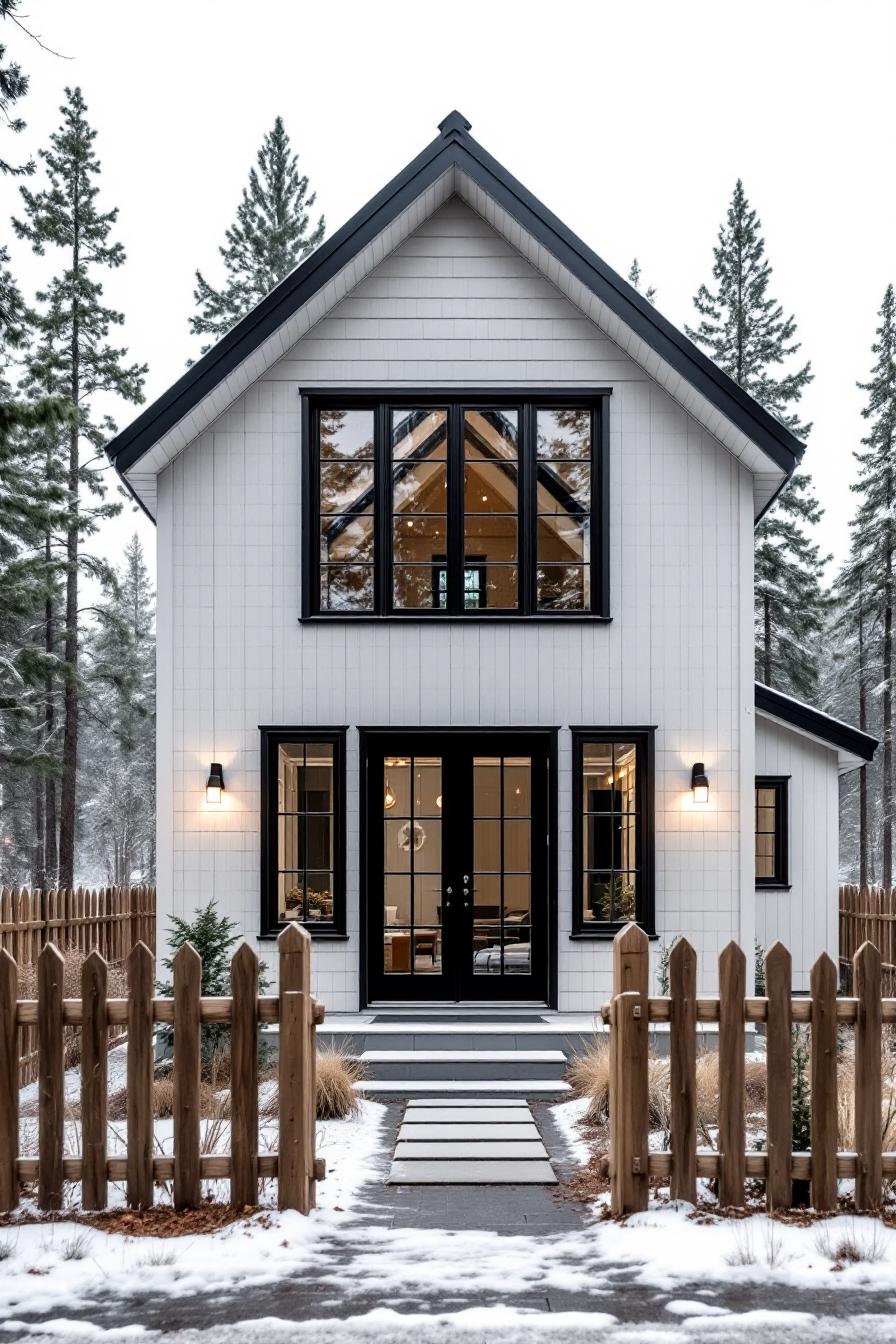 Cozy Nordic-style house with black accents, surrounded by snow-dusted trees