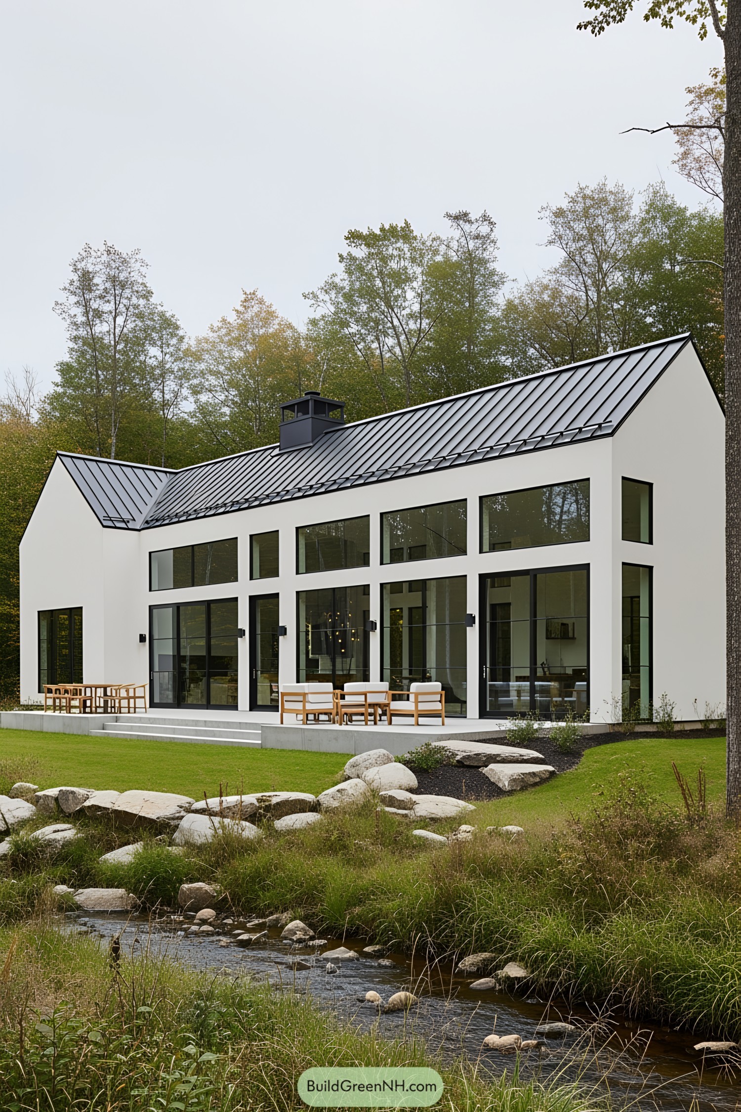 Modern Scandinavian farmhouse with glass facade and lush surroundings by a stream