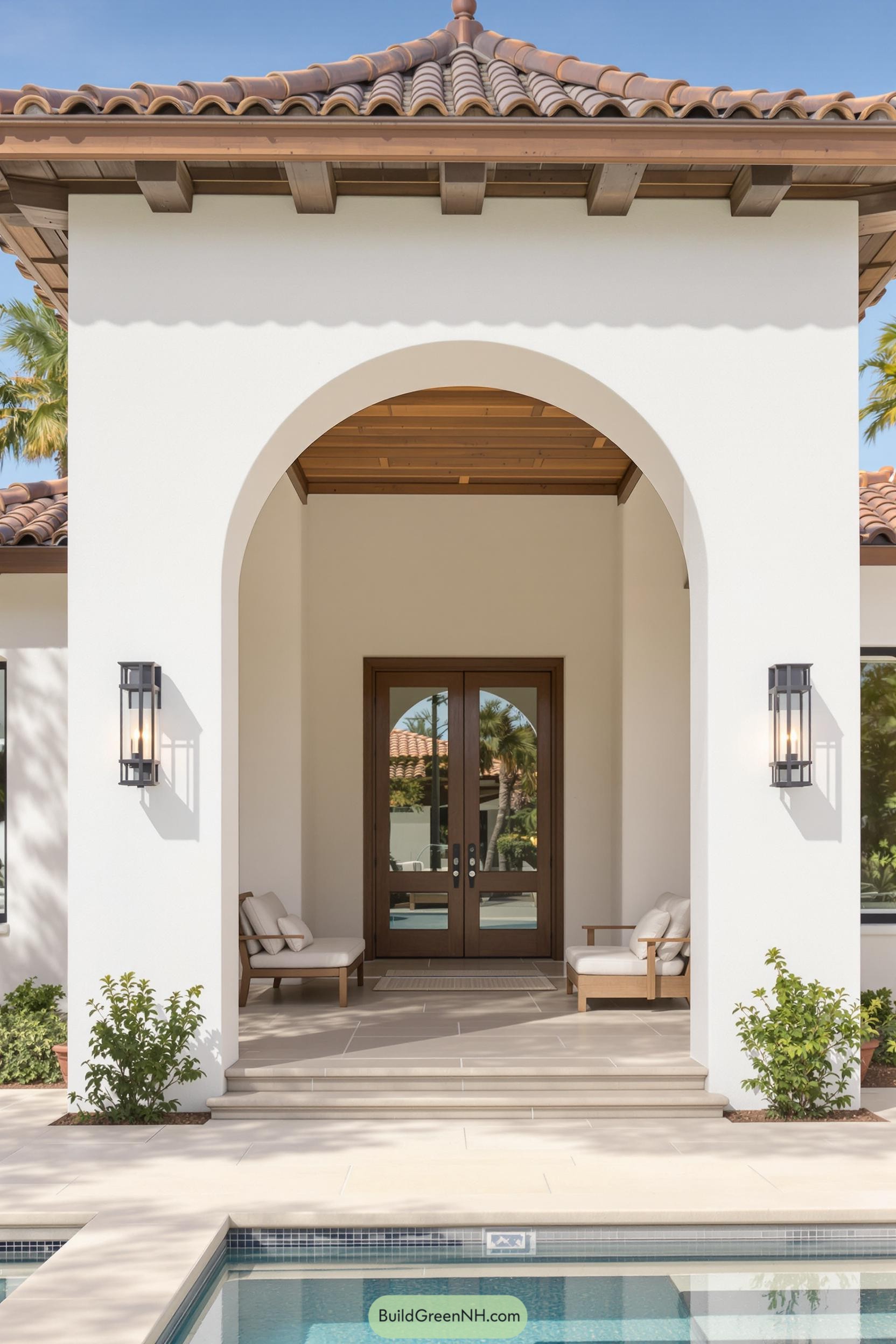 Elegant arched entryway of a Spanish Revival house with a pool in the foreground