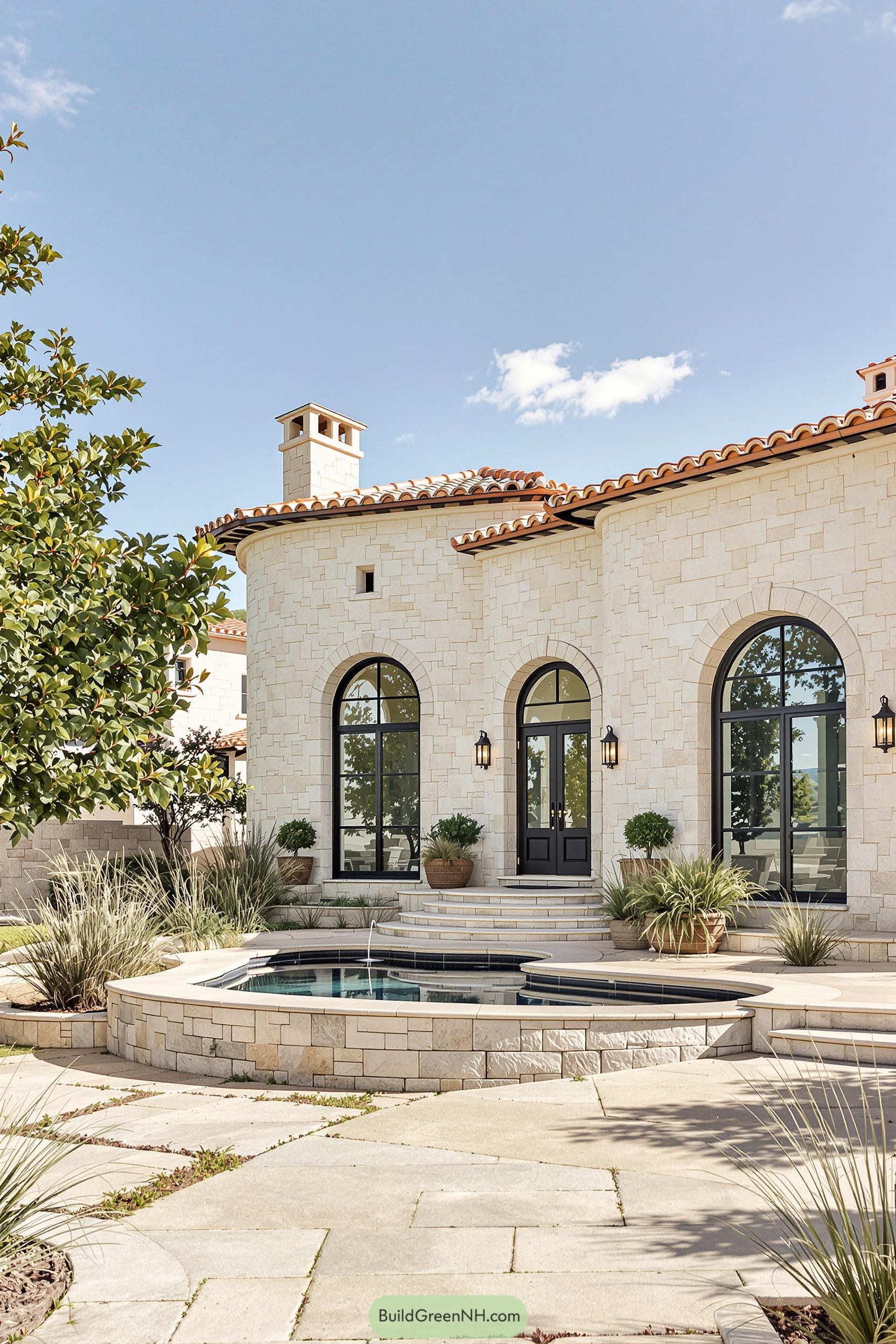 Elegant stone cottage with arched windows and a small pool