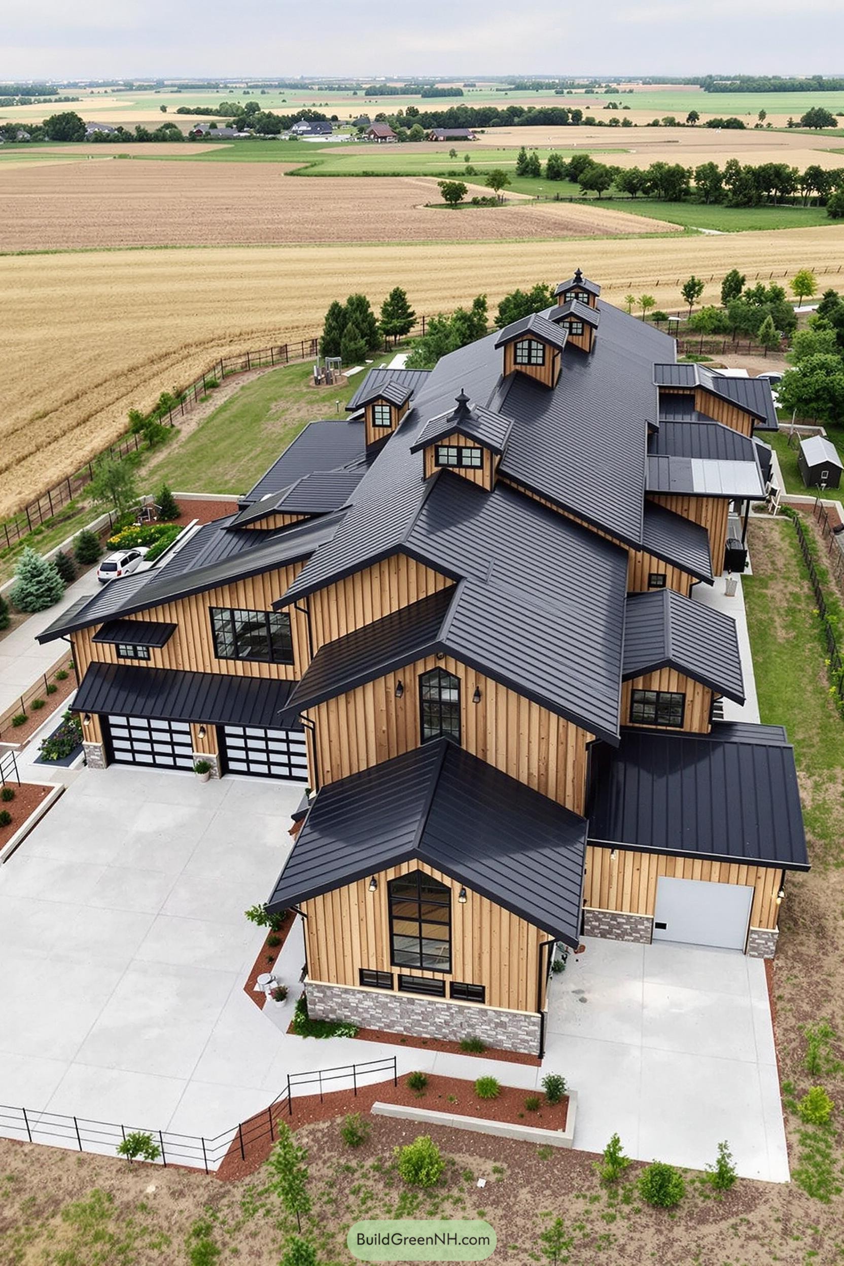 Aerial view of a large barndominium with a sleek metal roof