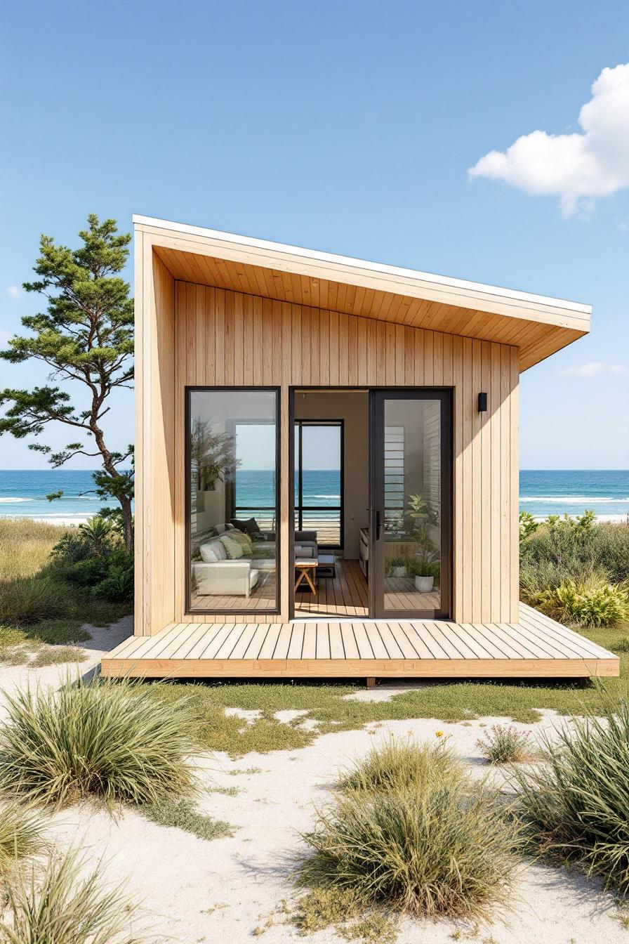 Modern beach shack with wooden siding and large windows