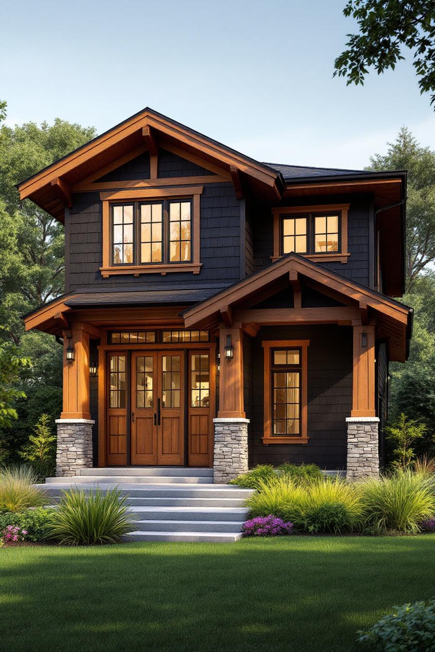 Contemporary craftsman house with wood accents and lush garden