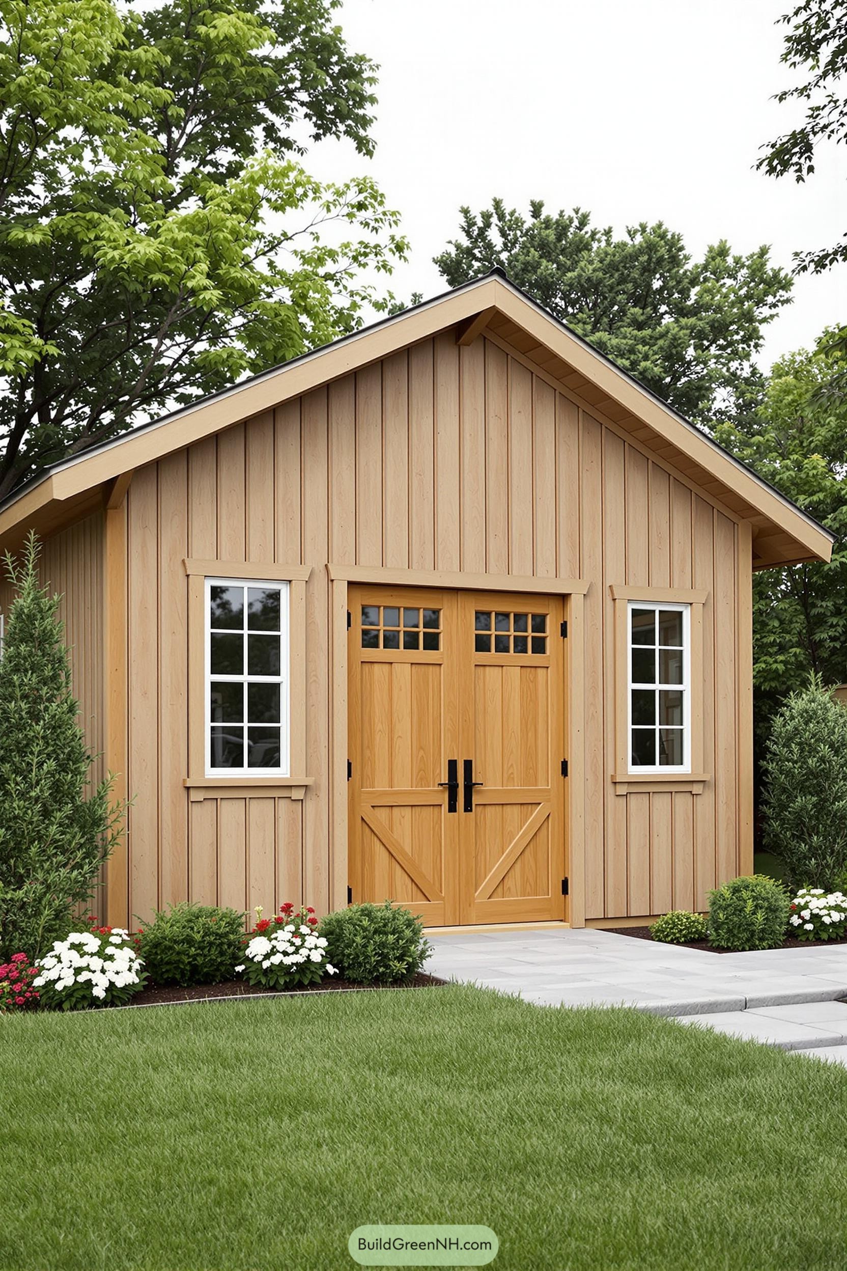 Cozy wooden shed with inviting double doors and lush greenery