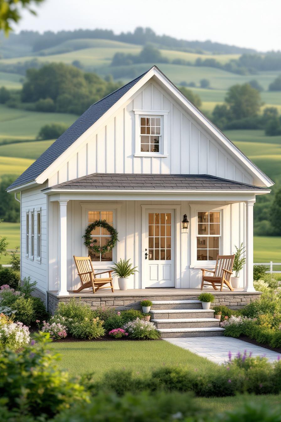 Compact white cottage with a charming porch against a hilly landscape