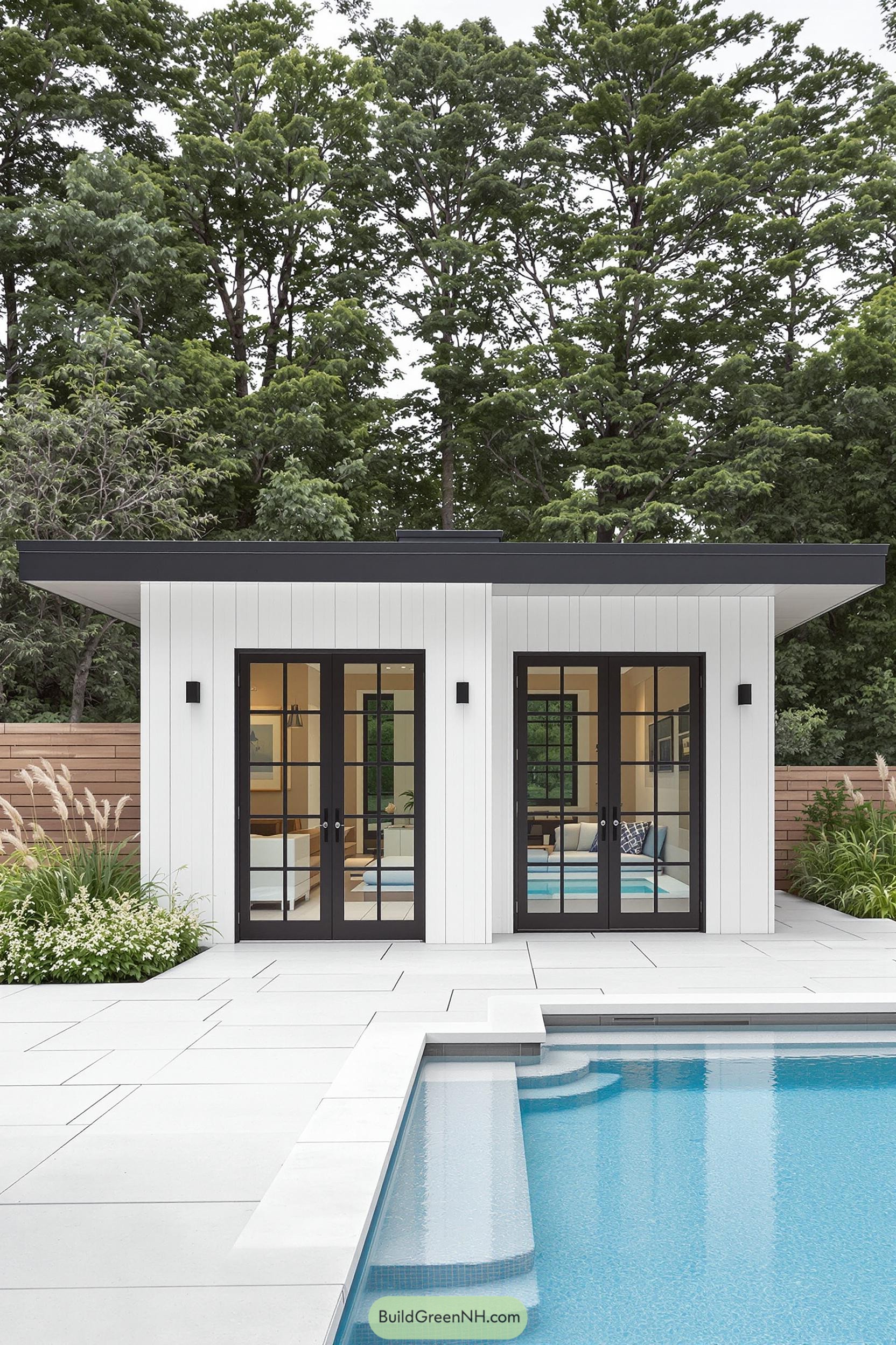 Chic guest house by the pool with large glass doors