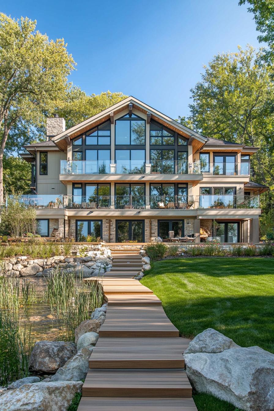 A grand lake house with large windows and lush surroundings