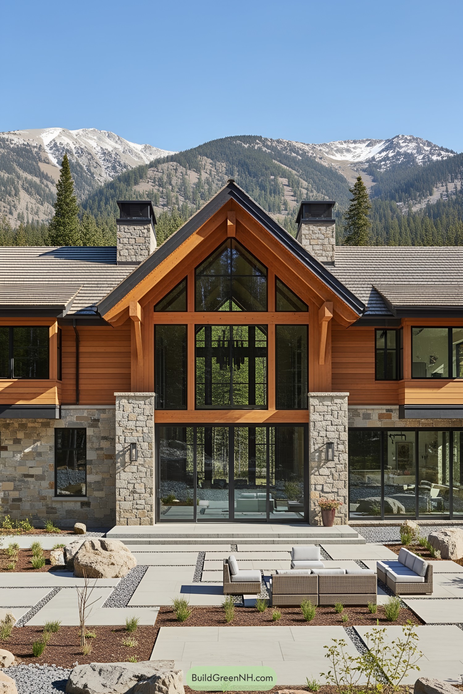 Modern mountain villa with expansive windows and stone accents