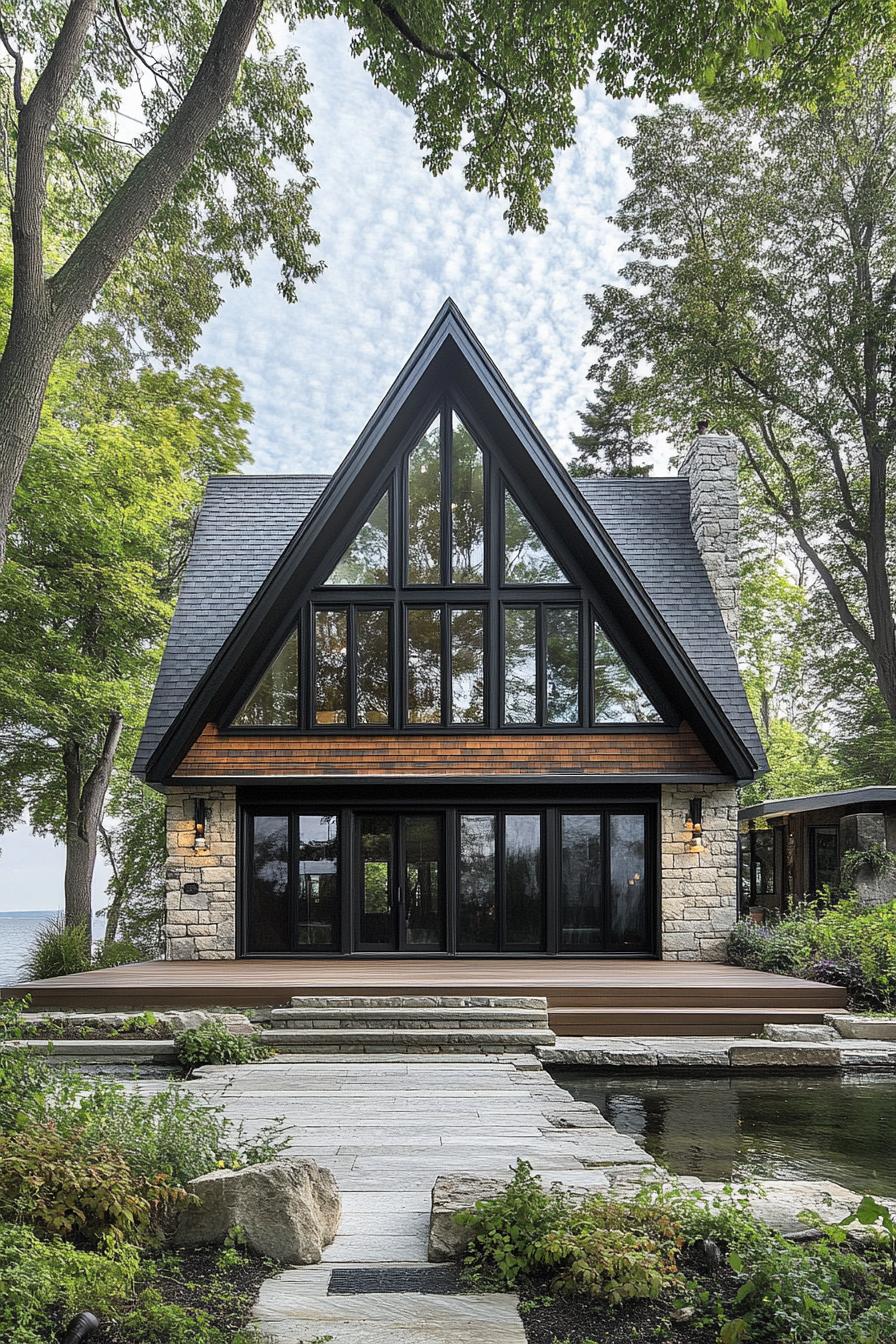A-frame house with glass front nestled among trees and a stone pathway leading to a deck