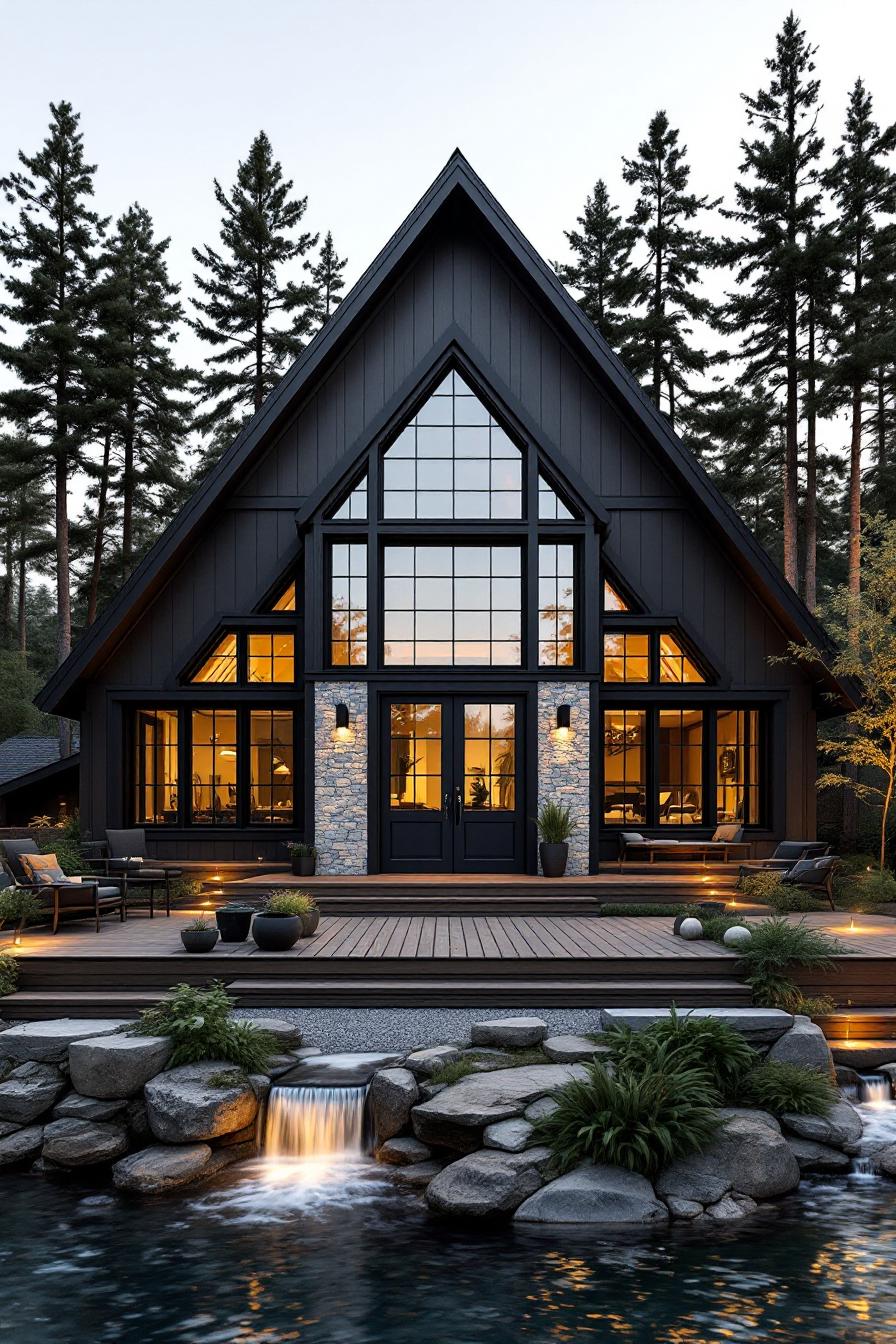 Charming A-frame house with a wooden deck and a small waterfall